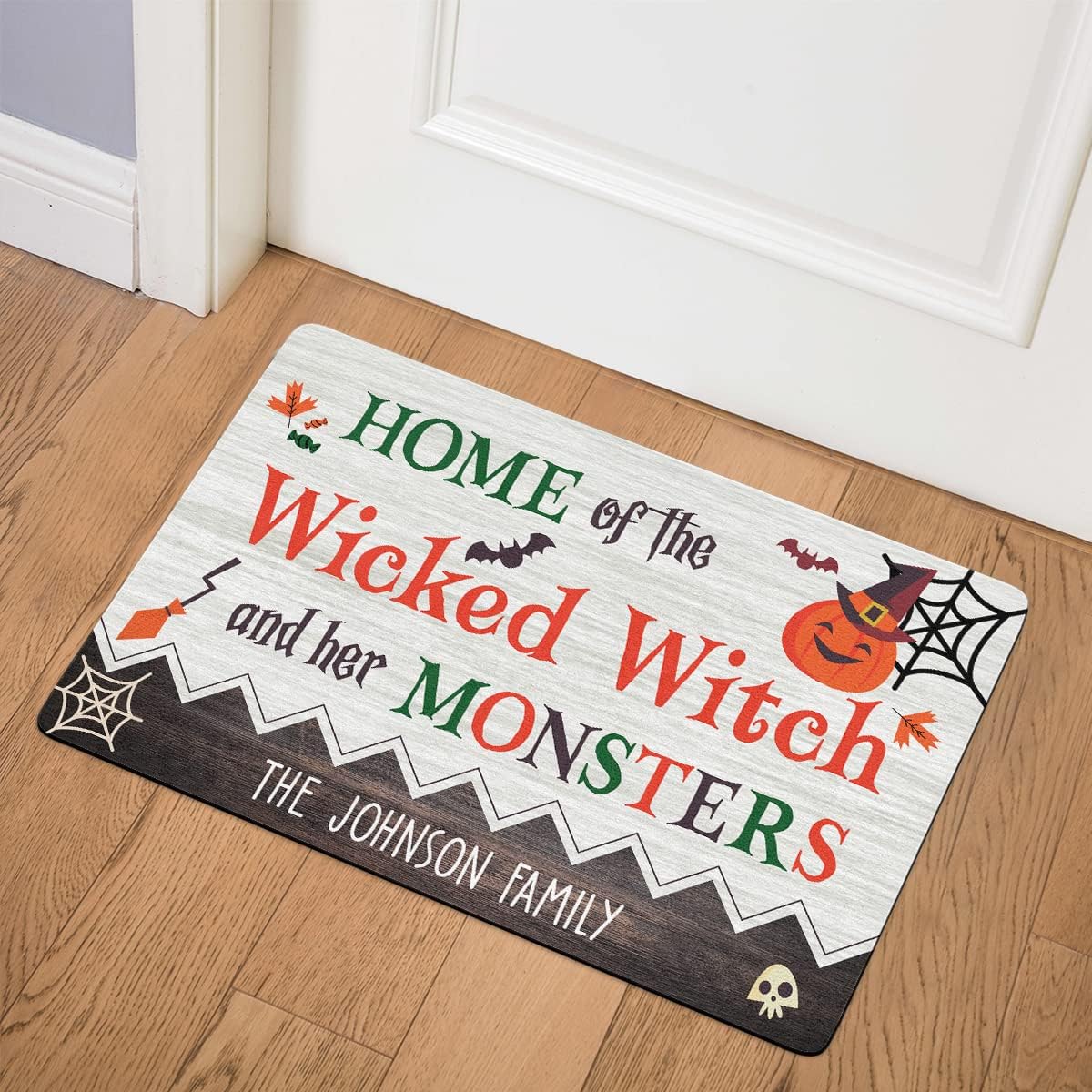 Personalized Funny Halloween Doormat - Custom Family Name Happy Hallowen Door Mat, Home of A Handsome Devil A Wicked Witch and Their Little Monsters Front Door Rug Decorations Gift, 16 x 24 inches