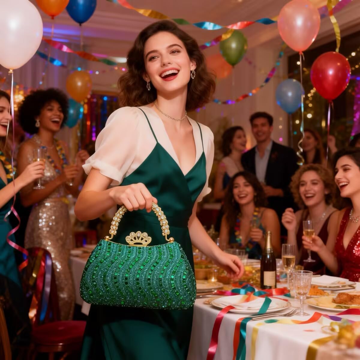 Women's Crystal Evening Clutch Bag, Sparkling Diamond Handbag, Suitable for Cocktail Parties, Dances, Weddings (Dark Green)