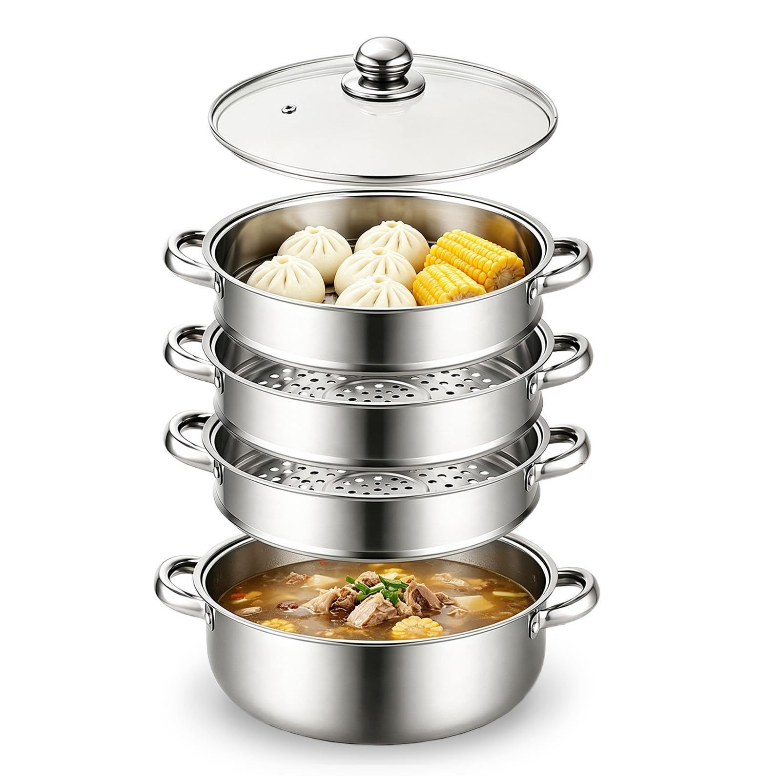 28 cm Dampftopf-Topf mit Dampfgareinsatz, 3/4-Regalkocher mit Deckel, Edelstahltopf, Nudeltopf mit Sieb zum Kochen von Gemüse, Meeresfrüchten, Suppen, Eintöpfen und Nudeln (Vier)
