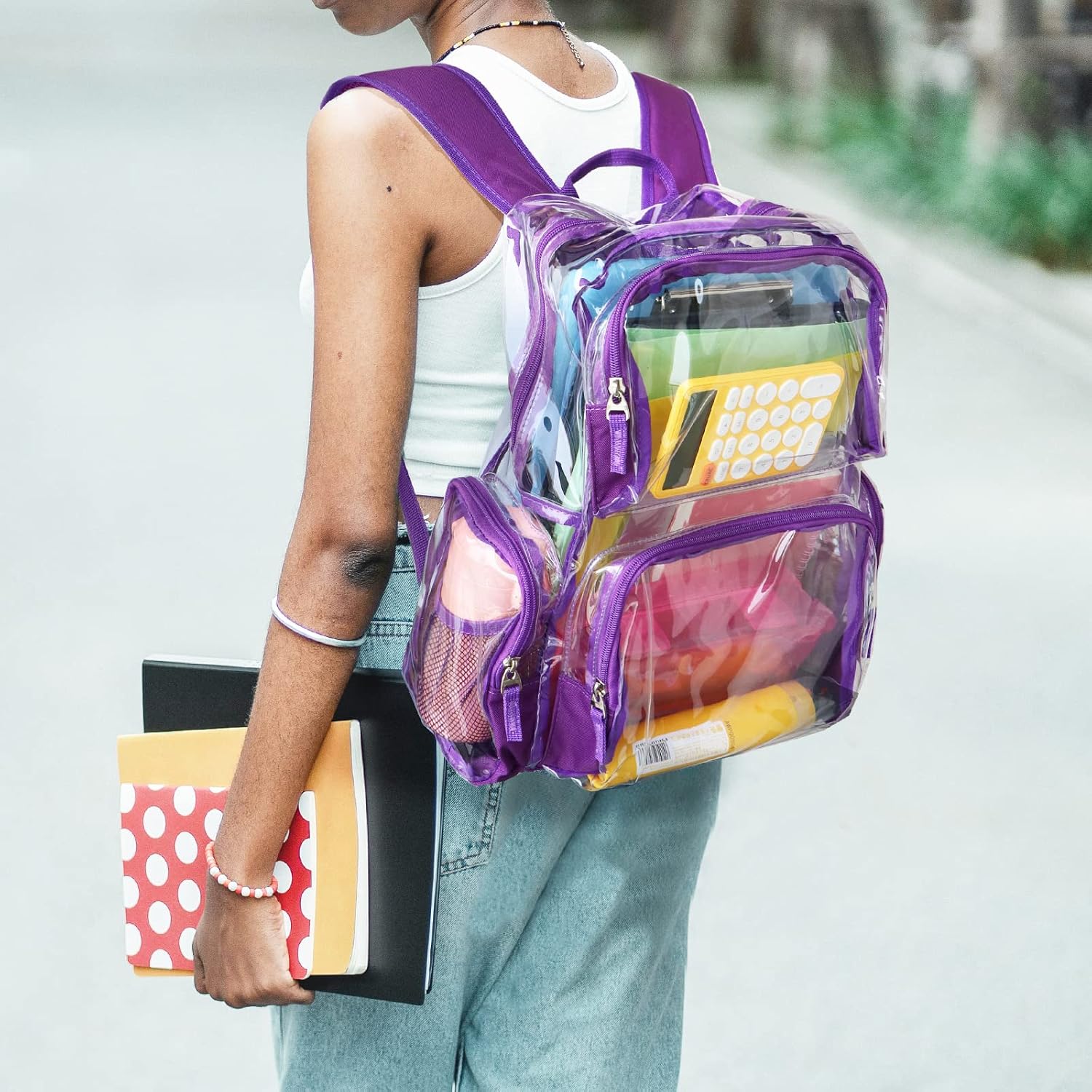 Vorspack Heavy Duty Clear Backpack, Large Transparent Clear Bookbag, Purple