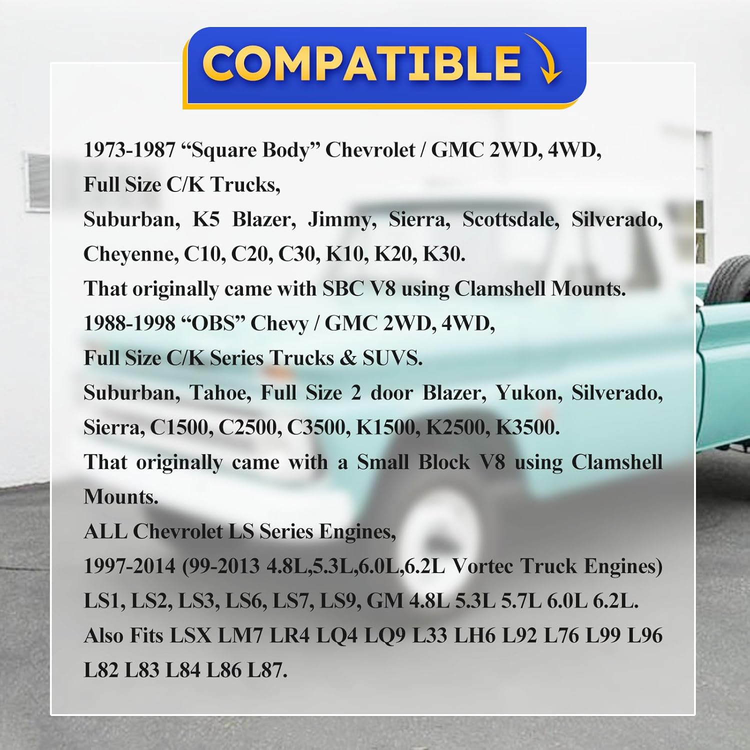 LS Conversion Engine Mounts / Swap Adjustable Motor Conversion Bracket for 1973-1987 Square Body 1988-1998 OBS Chevy GMC C/K Truck LS1 LS2 LS6 LSX LQ4 LQ9