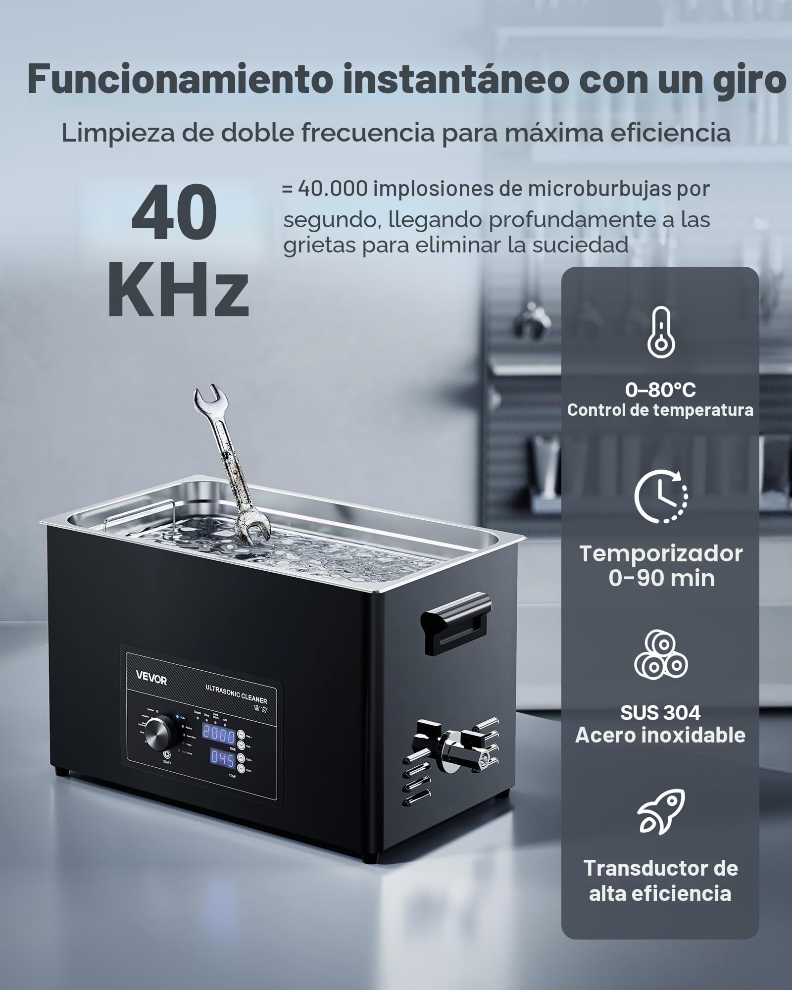 VEVOR Limpiador Ultrasónico 30 L, Máquina de Ultrasonido para Limpieza con Control de Perilla, de Acero Inoxidable, con Cesta y Bola de Limpieza para Relojes, Maquinillas de Afeitar, Joyas, Negro
