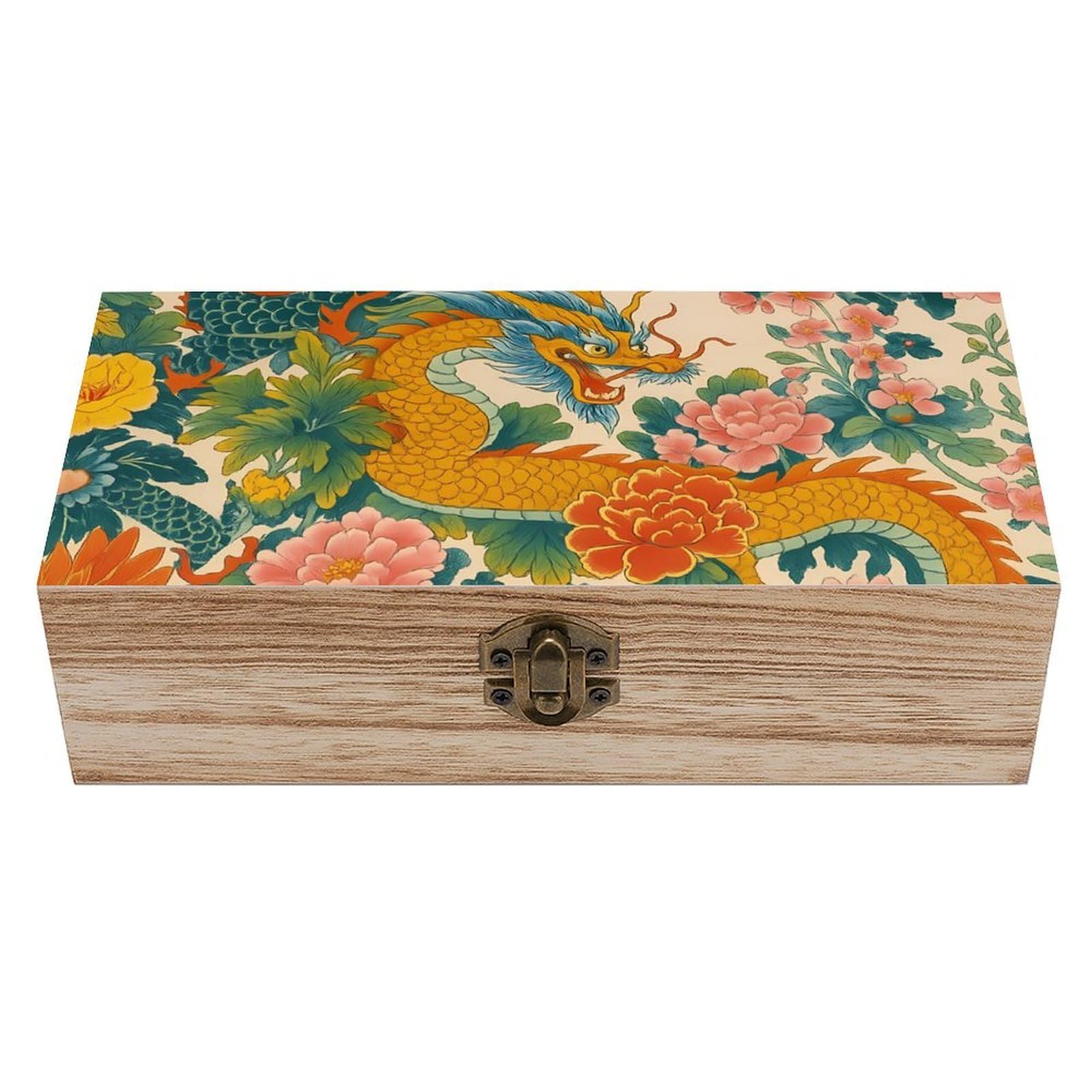 HLBSDM Chinoiserie Majestic Golden Dragon in Flowers Retro Wooden Storage Box Jewelry Art Gift Boxs Decorative Keepsake Boxes