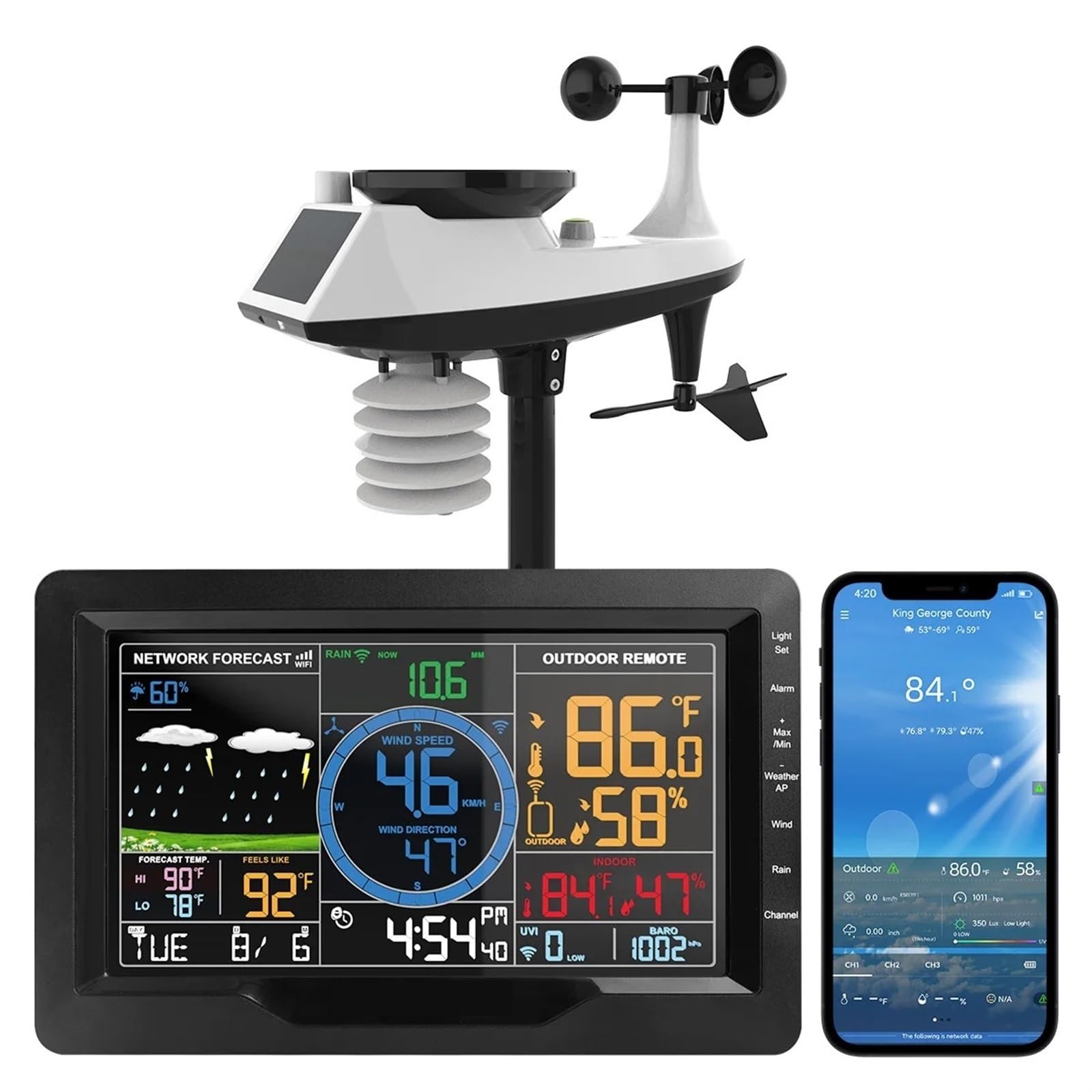 Estación meteorológica inalámbrica para interiores y exteriores, WiFi Q9 Estación meteorológica con anemómetro de Viento Que se conecta al Monitor de Un teléfono Inteligente Sensor