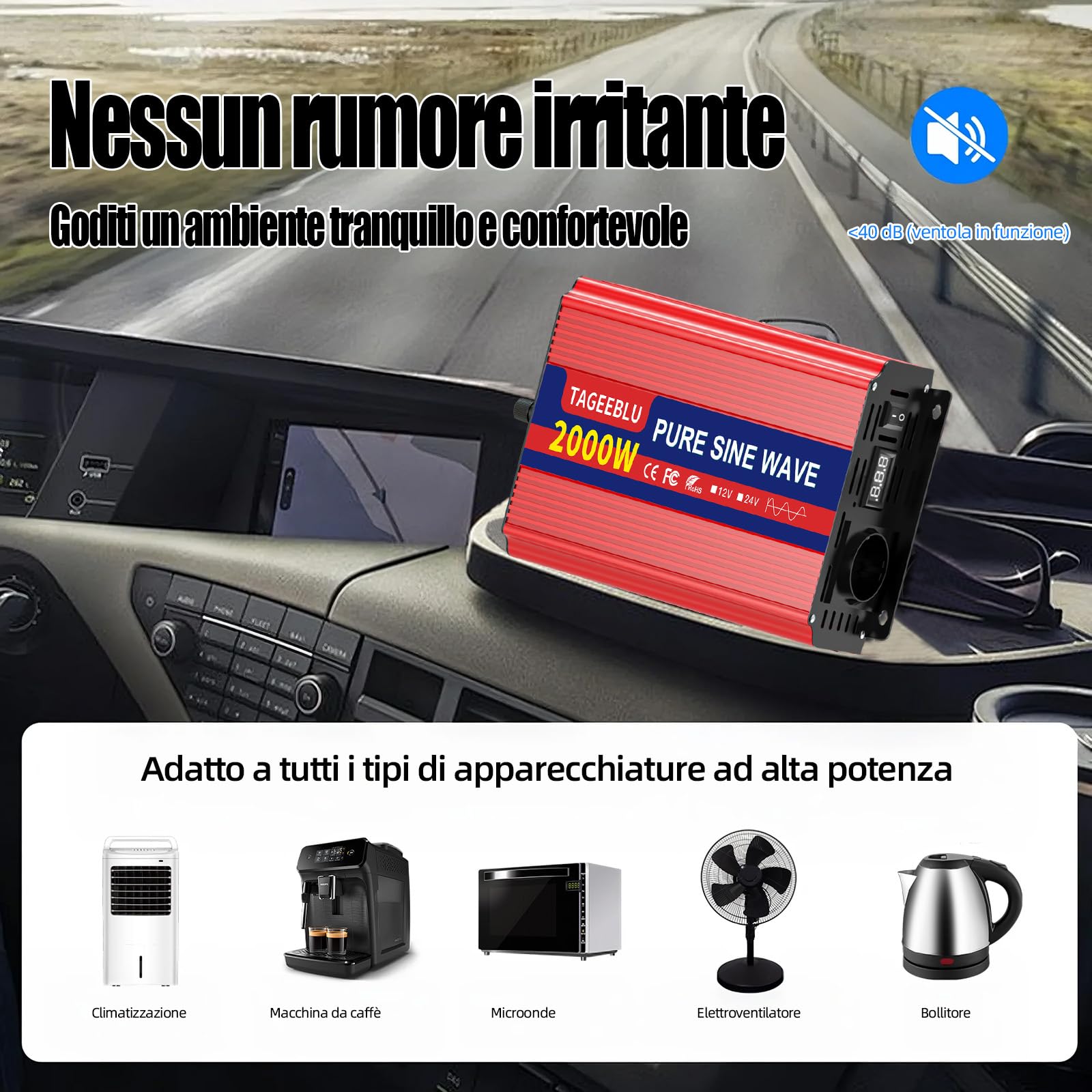 2000w Inverter 24v 220v Onda Pura con Display LCD & EU Presa