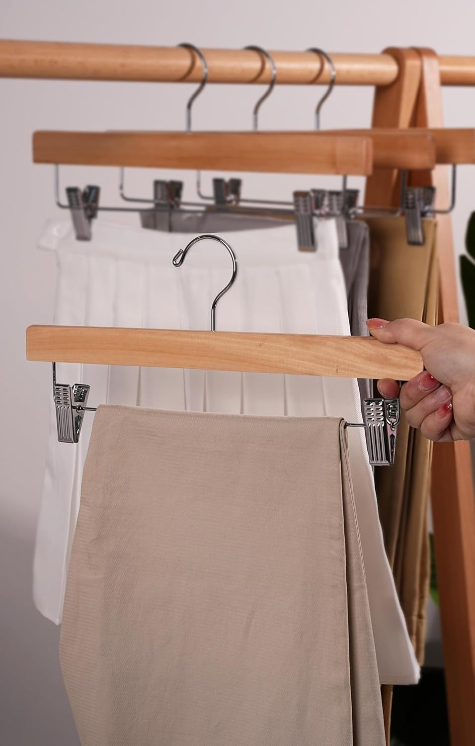 24 Pack Wooden Pants Hangers, Wood Skirt Trouser Hanger for Jeans, Slacks, Shorts with 2-Adjustable Clips Anti Rust Hook (Natural)-HL01NP24