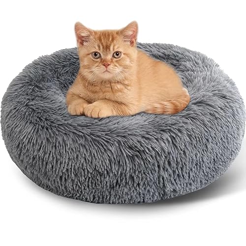 Enjamoy Plush Donut Dog Bed, Calming Round Dog Cat Bed Soft and Fluffy Cuddler Pet Cushion Self-Warming Puppy Beds Machine Washable, Dark Grey 50cm - 50 x 50 x 20 cm (L x W x H) - Dark Grey