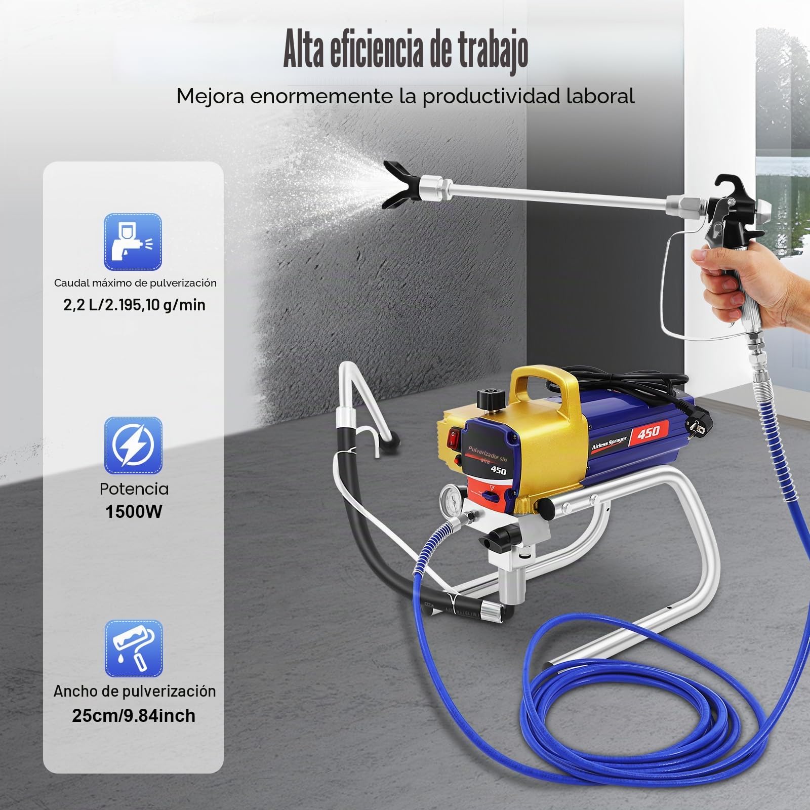 Pulverizador de pintura Airless de alto rendimiento | Sistema de pulverización de pintura Airless | Pulverizador de pintura | Pulverizador con pistola de pintura 517 y manguera de alta presión, para