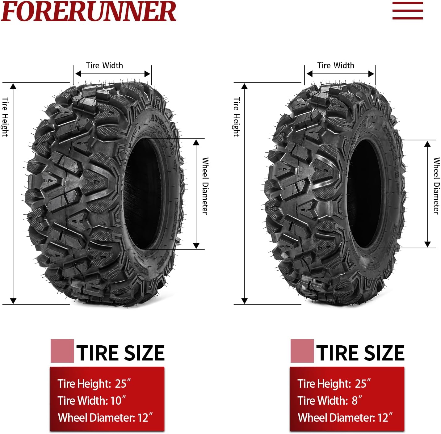 FORERUNNER 25x8-12 & 25x10-12 ATV Tires, KNIGHT All Terrain 6PR 25x8-12 & 25x10-12 ATV UTV Trail Mud Sand Off-Road Tires (Pack of 4, Tubeless)