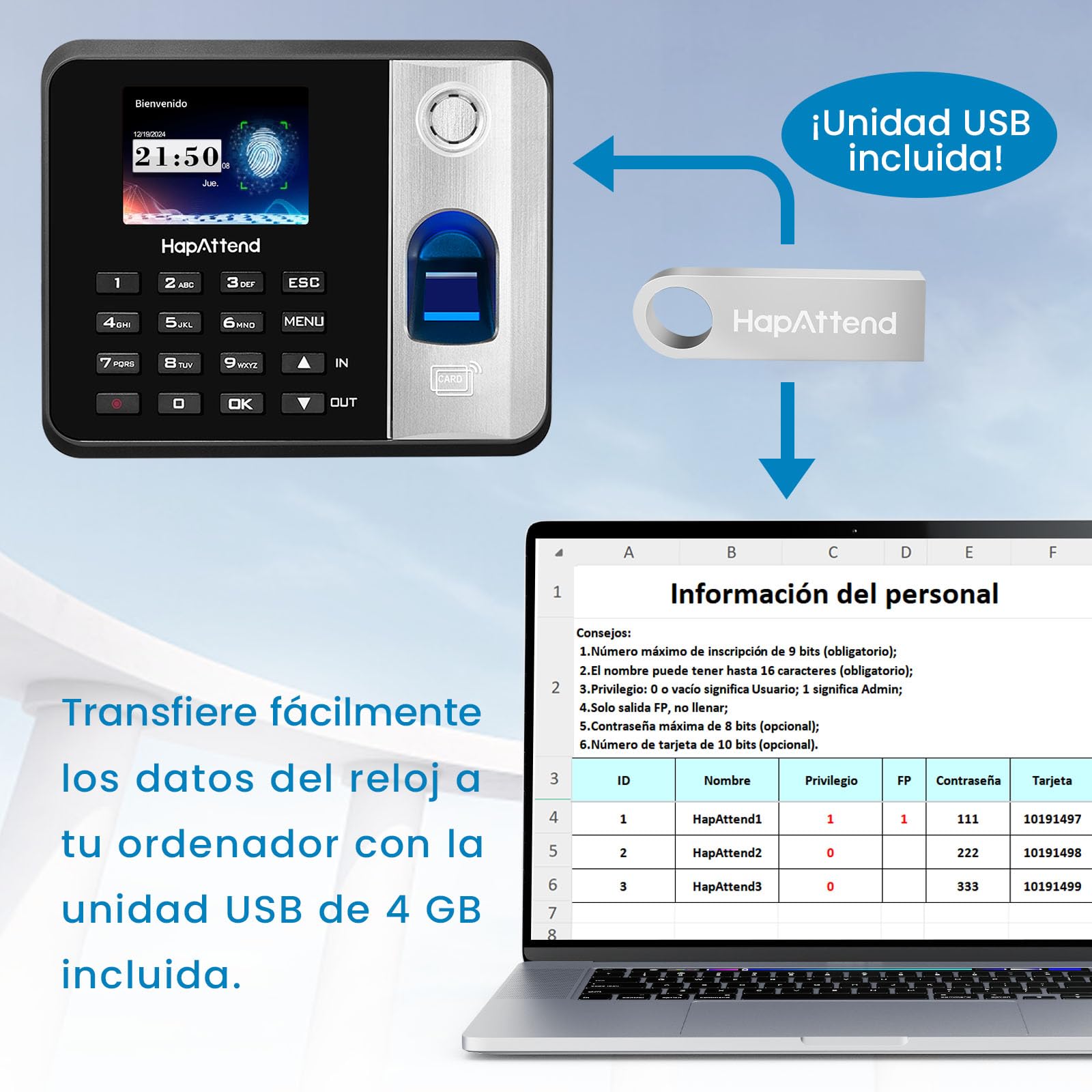 Control horario empleados, Español Reloj de fichar con Huella Dactilar, RFID Tarjetas, H1 Maquina de fichar empleados de hasta 3000 usuarios sin conexión Internet Negro Escáner