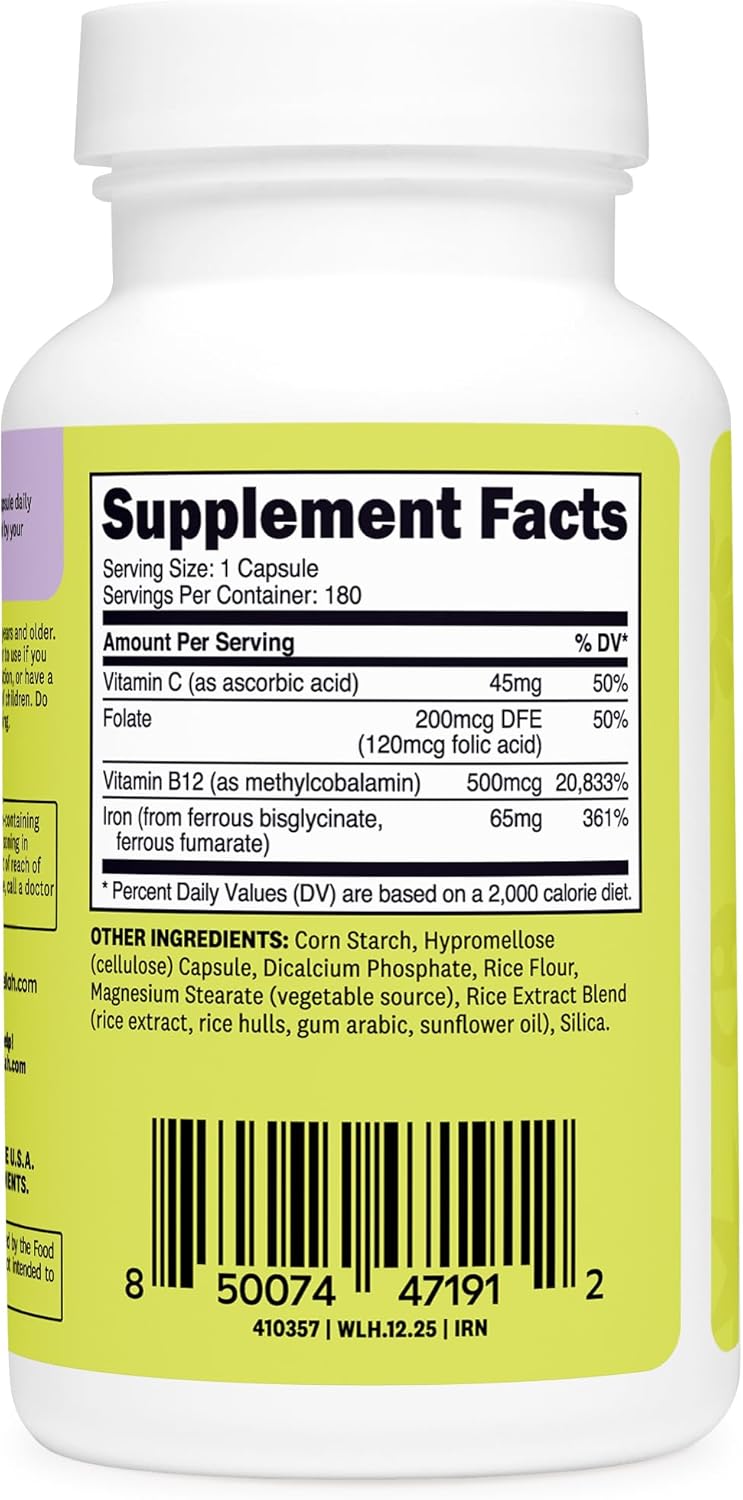 Wellah Iron Supplement for Women (65mg) 180 Capsules - with Vitamin C, Vitamin B12, & Folate