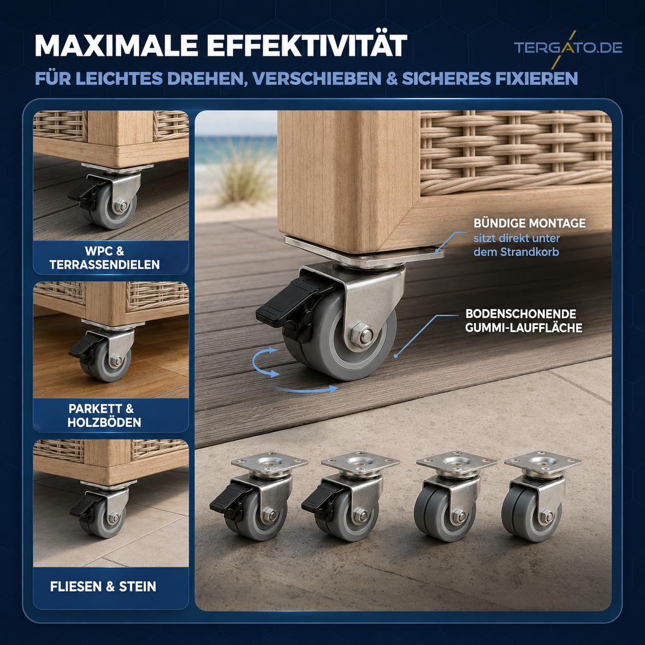 Set di 16 ruote per poltrona da spiaggia con freno, portata 1280 kg, ruote doppie da 50 mm con viti, non danneggiano il pavimento, per sedie da spiaggia, pallet e lounge (8 con blocco, 8 senza)