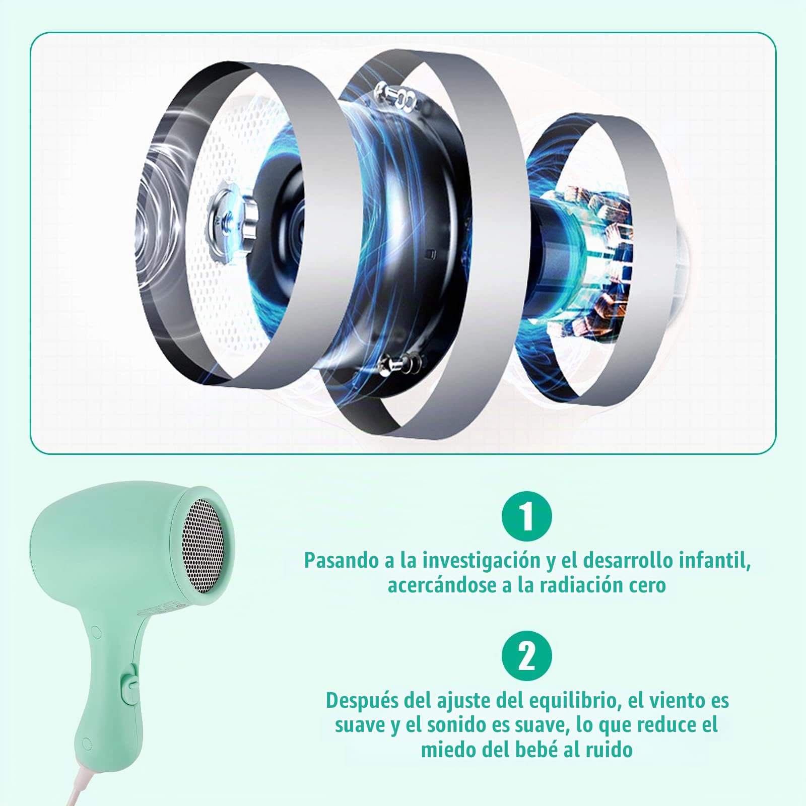 Lotvic Secador de viaje, Secador de pelo de viaje para niños, 500 W secador de pelo para niños y también mascotas, secador suave y seguro para el cabello y el cuerpo del bebé/niño (Verde)