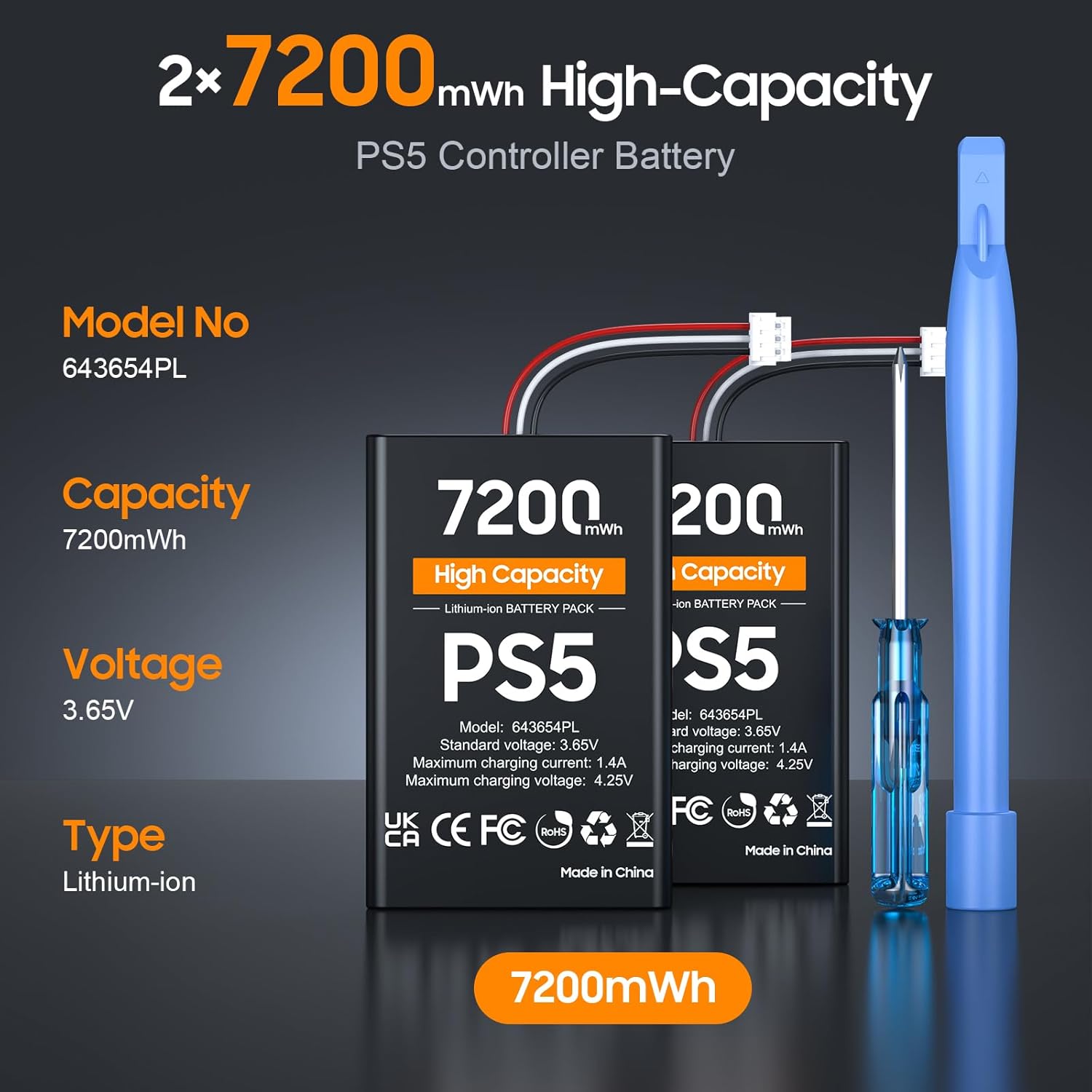 PS5 Controller Battery, High Capacity 2x7200mWh Rechargeable PS5 Battery Pack for Dualsense Controller with Black Skin, Replacement Batteries for PlayStation 5 with Screwdriver Tool Set