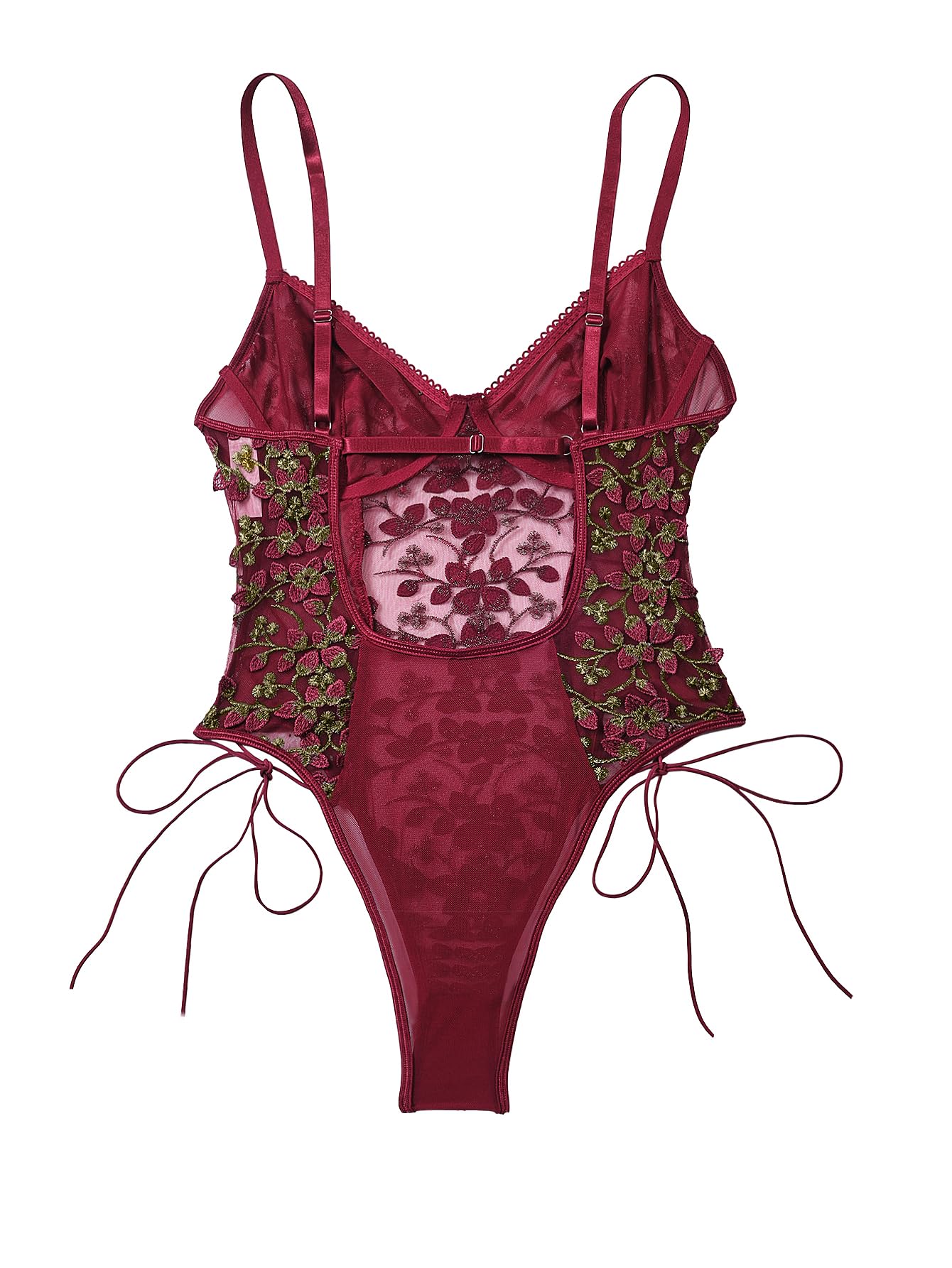 Lilosy Women Sexy Lace Up Floral Embroidered Teddy Lingerie Bodysuit Top Mesh Sheer One Piece: Small Burgundy