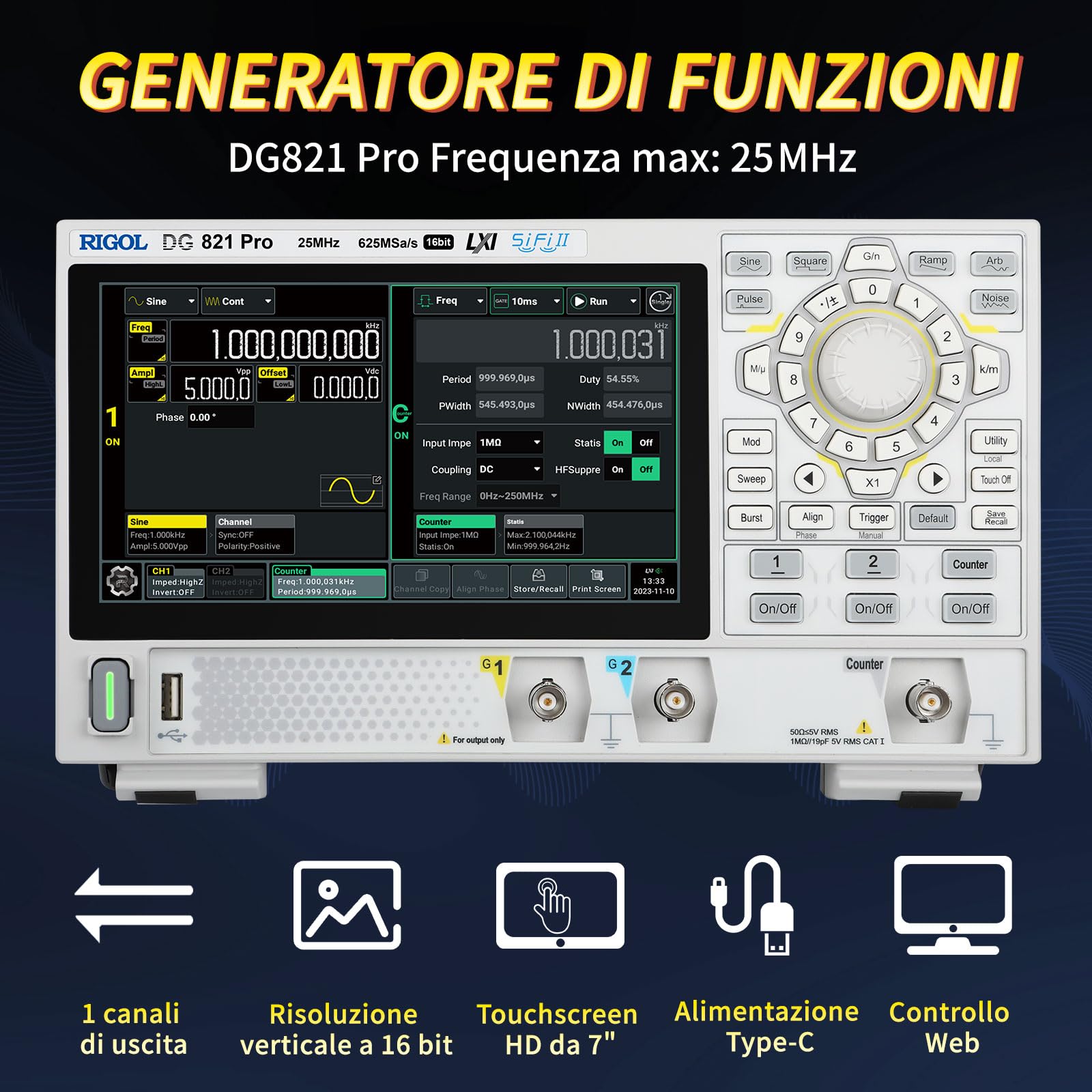 RIGOL Generatore di Segnale,DG821 Pro Generatore di Funzioni,25 MHz,1 Canale,Risoluzione a 16 bit,Schermo touchscreen HD da 7",Ultra-portatile,Perfetto per test sul campo e didattica in laboratorio
