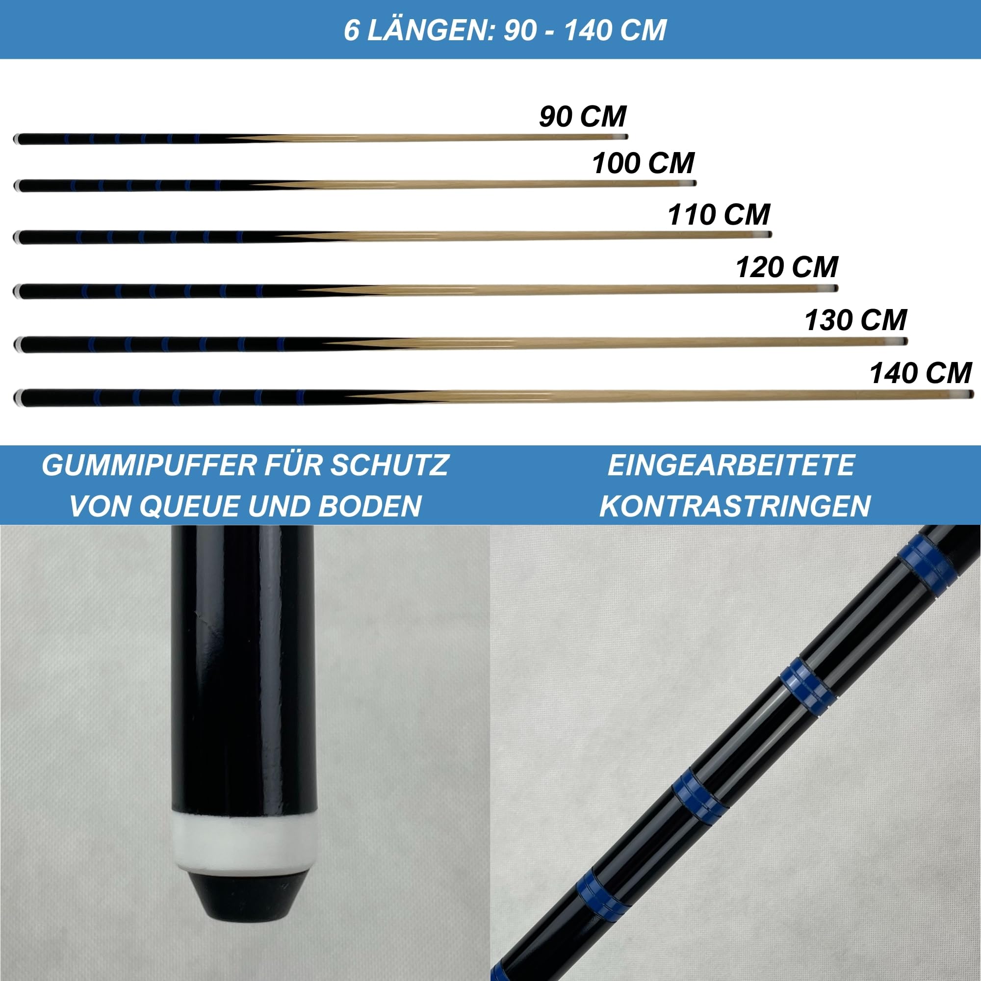 Winsport einteiliger Billard Queue ECO, robuster Pool Cue, 90 cm 100 cm 110 cm 120 cm 130 cm 140 cm, 12mm Schraubleder Spitze,Kinder und Erwachsene,Billardqueue für Gastronomie und Jugendeinrichtungen