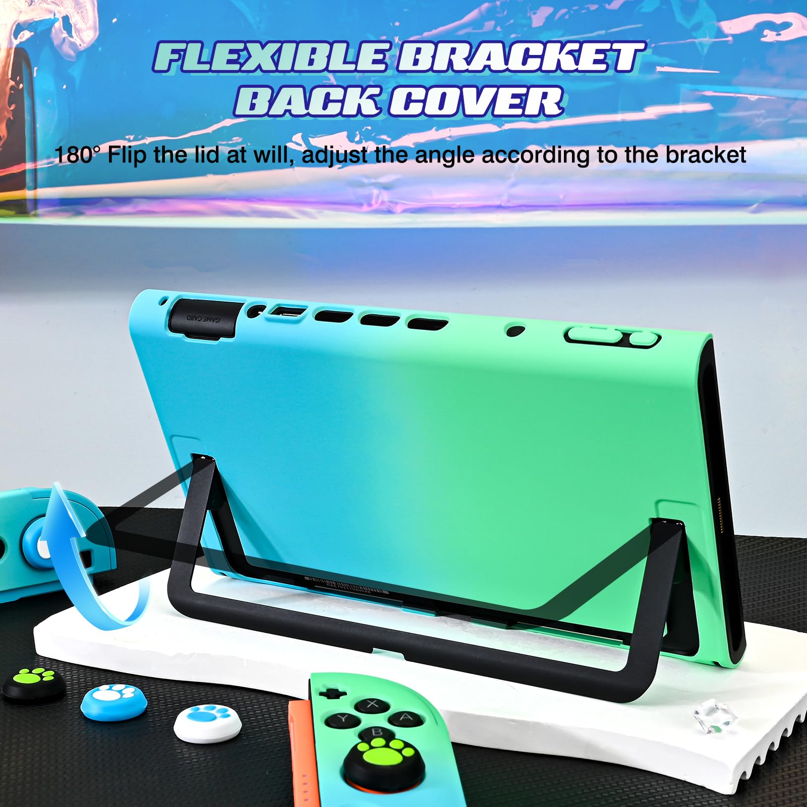 DLseego Hülle für Switch 2 2025, Dockable Farbige Harte Schutzhülle aus PC mit 2 Handgriffen und 6PCS Daumen Grips Kappe,Blau+Grün - 4