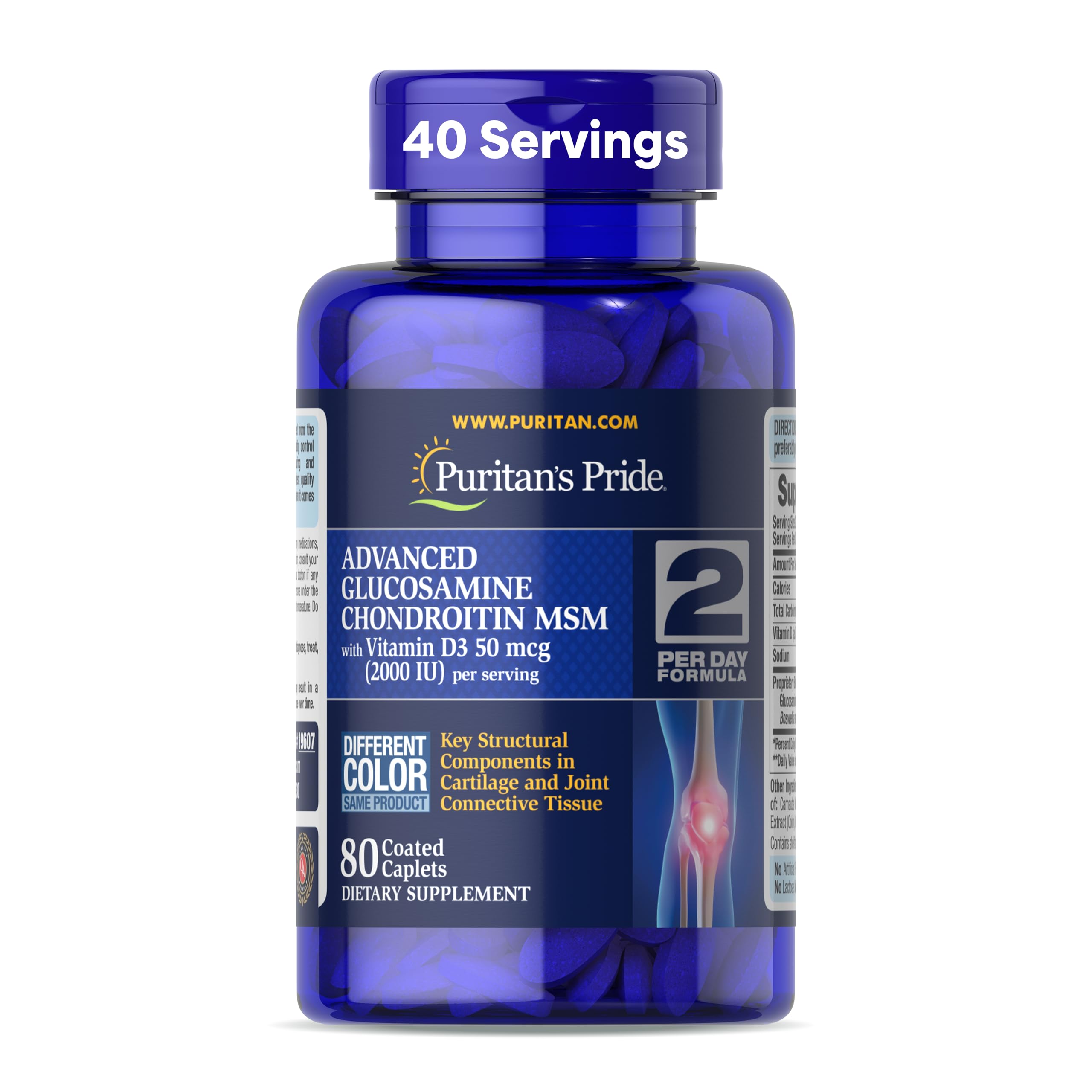 Puritan's Pride Advanced Glucosamine Chondroitin MSM With Vitamin D3 50mcg (2000 IU), Dietary Supplement for Joint Health, 80 Coated Tablets