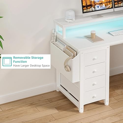 Miniatura 9 de Lufeiya Escritorio en forma de L con luces LED y tomas de corriente, escritorio de 47 pulgadas para computadora de estudio, escritorio de juegos con