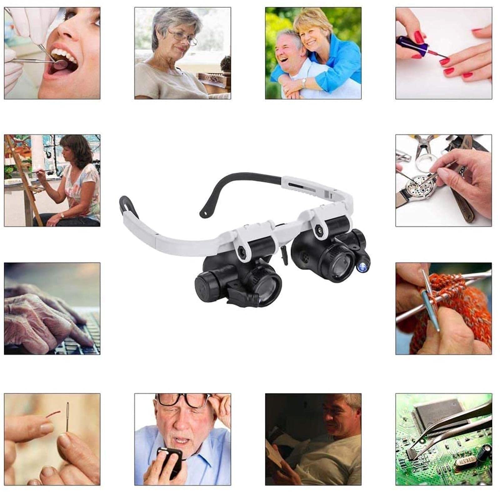 Lupa portátil Lupa de Diadema con luz LED, lupas montadas en la Cabeza 3 Lentes Desmontables para Lectura, reparación electrónica de Relojes