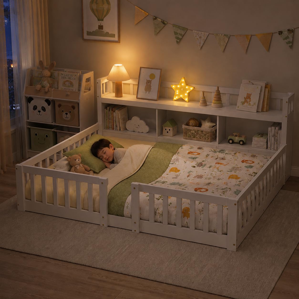 Cama en el suelo Montessori para niños, 140 x 200 cm, cama de suelo de madera con biblioteca integrada y guardabarros, cama infantil en el suelo con somier de láminas, blanco (sin colchón)
