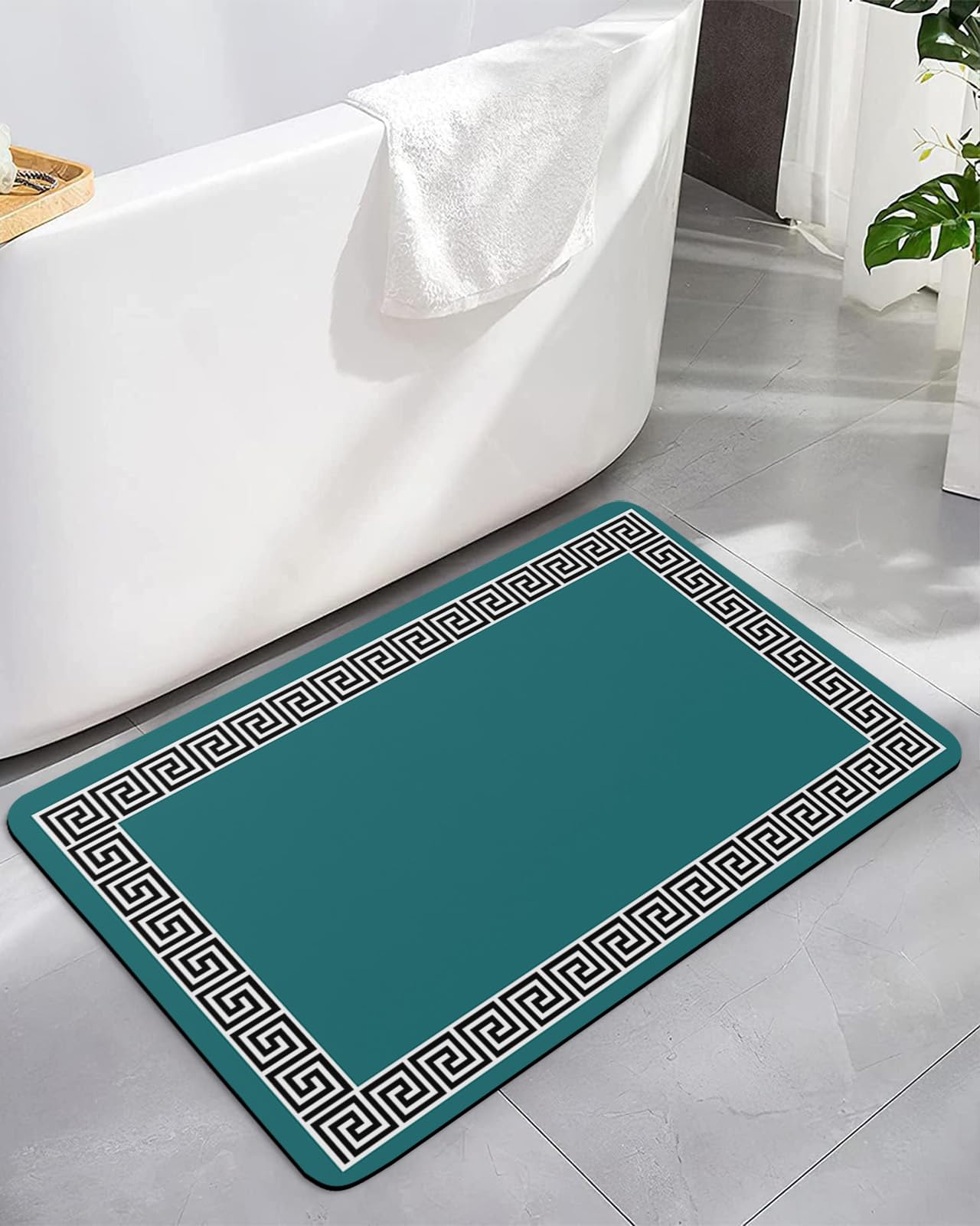 Geometric Greek Key Design Bath Mat Rug Quick Dry Absorbent Rubber Backed Bathroom Mat Teal Green Bathroom Rugs Fit Under Door-Bath Mats Shower Rug for Bathroom Floor Mat in Front of Sink 24"x 36"