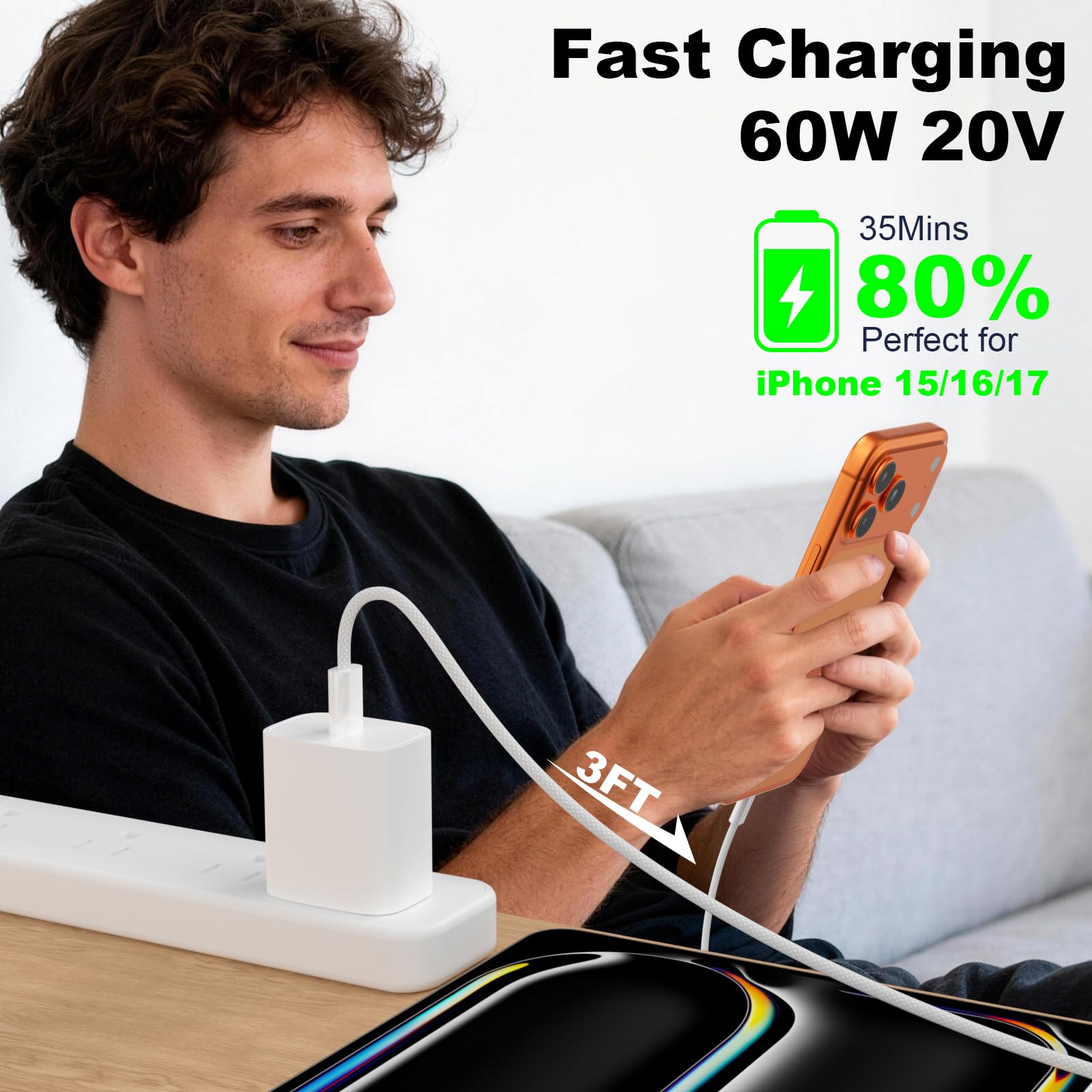 Cavo da USB C a USB C, 0,9 m, confezione da 2 cavi di ricarica rapida da 60 W in nylon intrecciato tipo C, cavo di ricarica USB C per iPhone 17 16 15 Pro Max/iPad Pro/Air