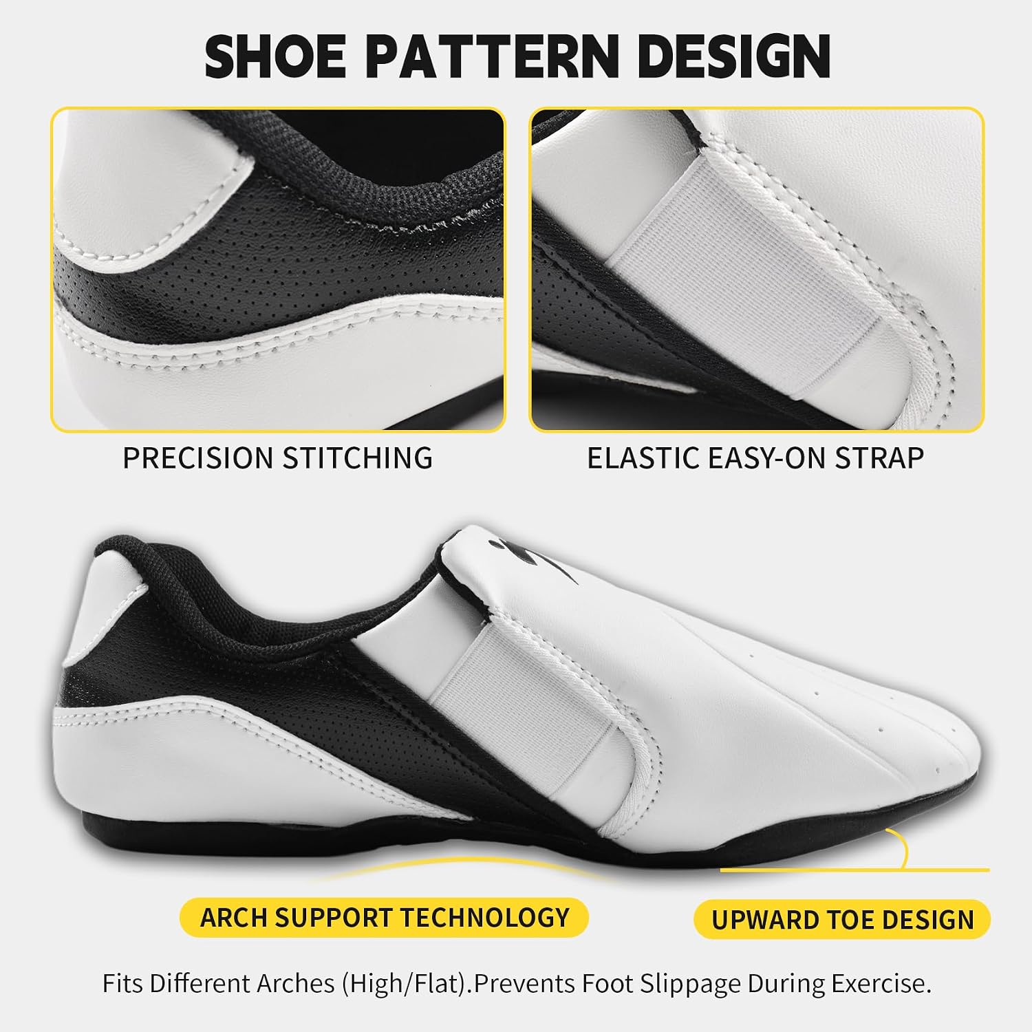 Taekwondo Shoes, Slip On Martial Arts Karate Kung Fu Training Sneakers, Non Slip Rubber Sole Breathable Taekwondo Footwear for Competition & Indoor Gym Workout, White/Black Unisex Taekwondo Shoes