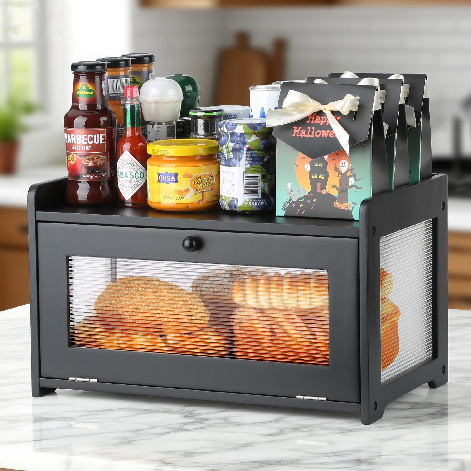 Photo 1 of ***DAMAGED***Bread Box for Kitchen Countertop - Wooden Bread Box for Homemade Bread,Large Capacity Bread Storage Container for Kitchen Counter,Easy Assembly & No Smell Bread Holder for Corner,Cabinet,Pantry(Black)