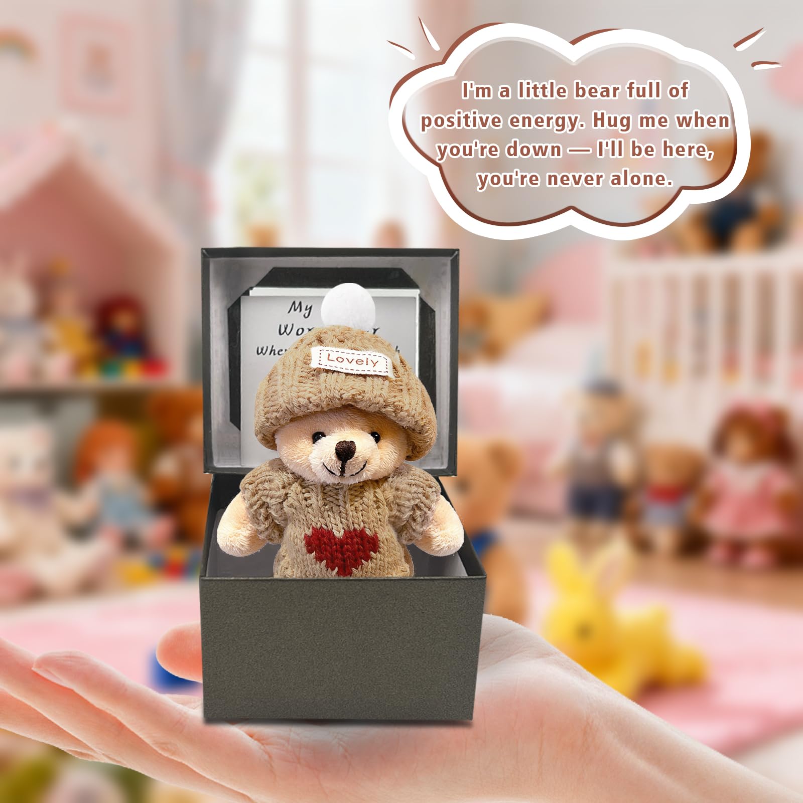Mini Handcrafted Worry Bear Gift Set with Inspirational Card,Featuring Little Bears in a Box Wearing Hat and Sweater,Mini Bears Serves as Emotional Support Gift for Family,Friends