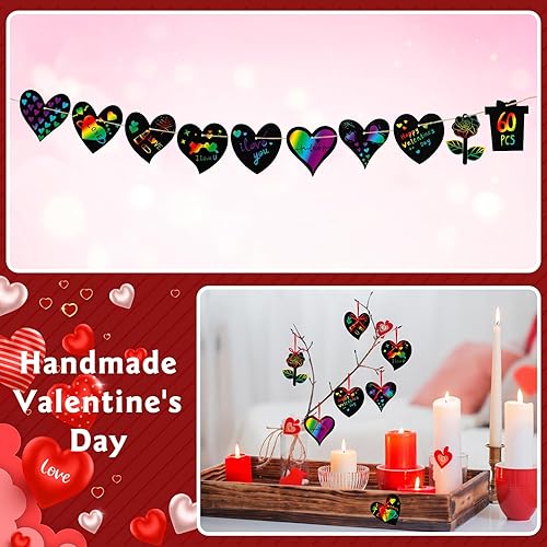 Miniatura 6 de Paquete de 60 tarjetas de regalo para el día de San Valentín para niños, tarjetas de arcoíris con forma de corazón, arte para rascar, manualidades
