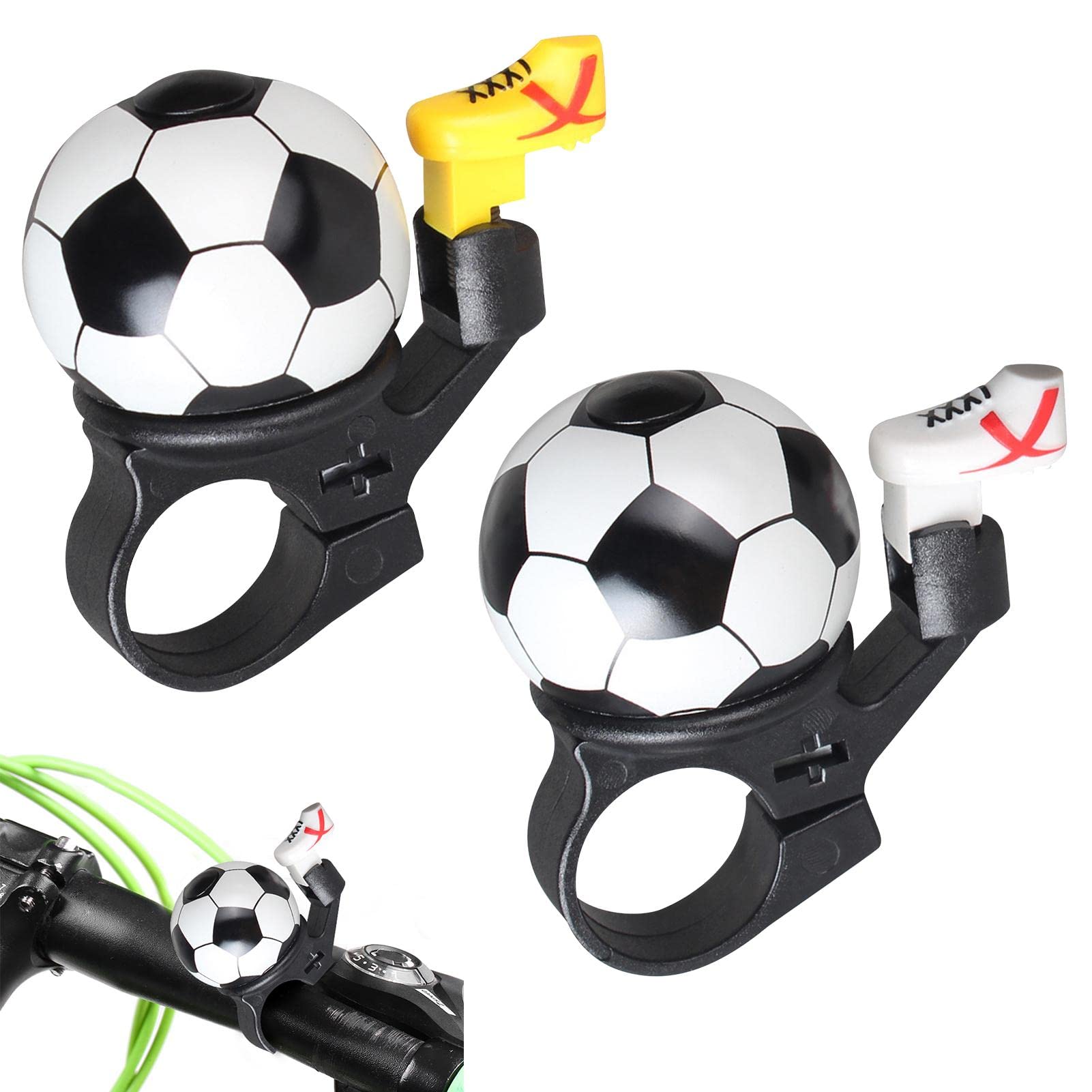 Bike Bell, 2 Pcs Bike Bell Football Design Kids Bicycle Bell with Loud Crisp Clear Sound, Bike Accessories Decoration Bell for Boys Girls Handlebar, 19.6x1.57inch