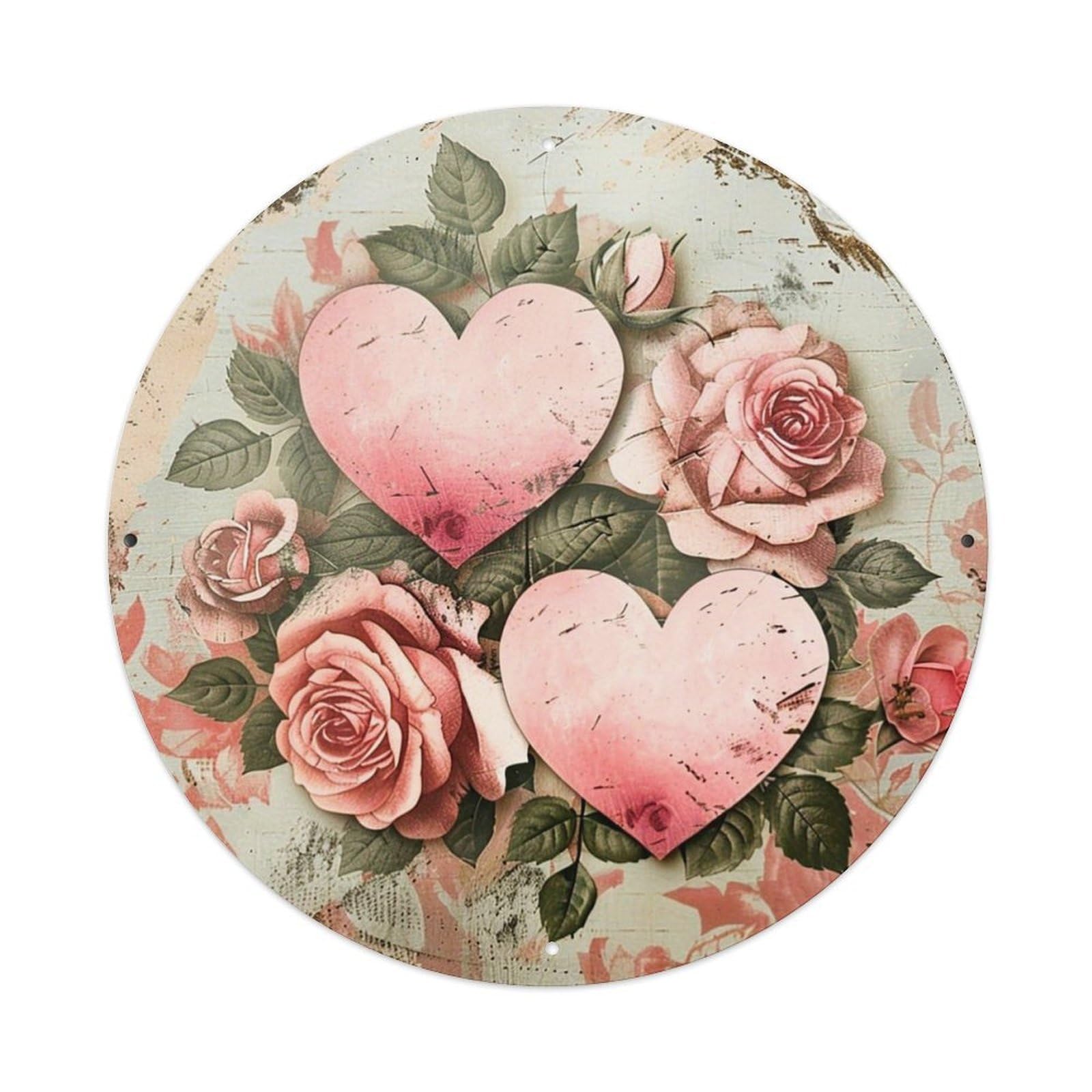 Jdyaojiesheng Vintage Roses Hearts Leaves Pink Round Tin Sign Retro Metal Wall Decor Metal Poster, Home Bar Garage Farmhouse Cafe Wall Art Decoration 8X8inch