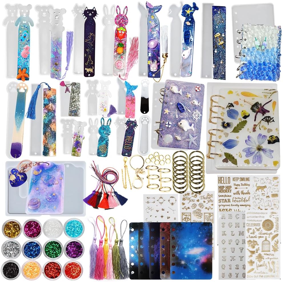 FUNSHOWCASE Notebook Covers Bookmarks Card Cover Silicone Resin Molds Epoxy Casting Set 86-kit with Book Rings Tassels Glitters Stickers Film Inlay Keychain