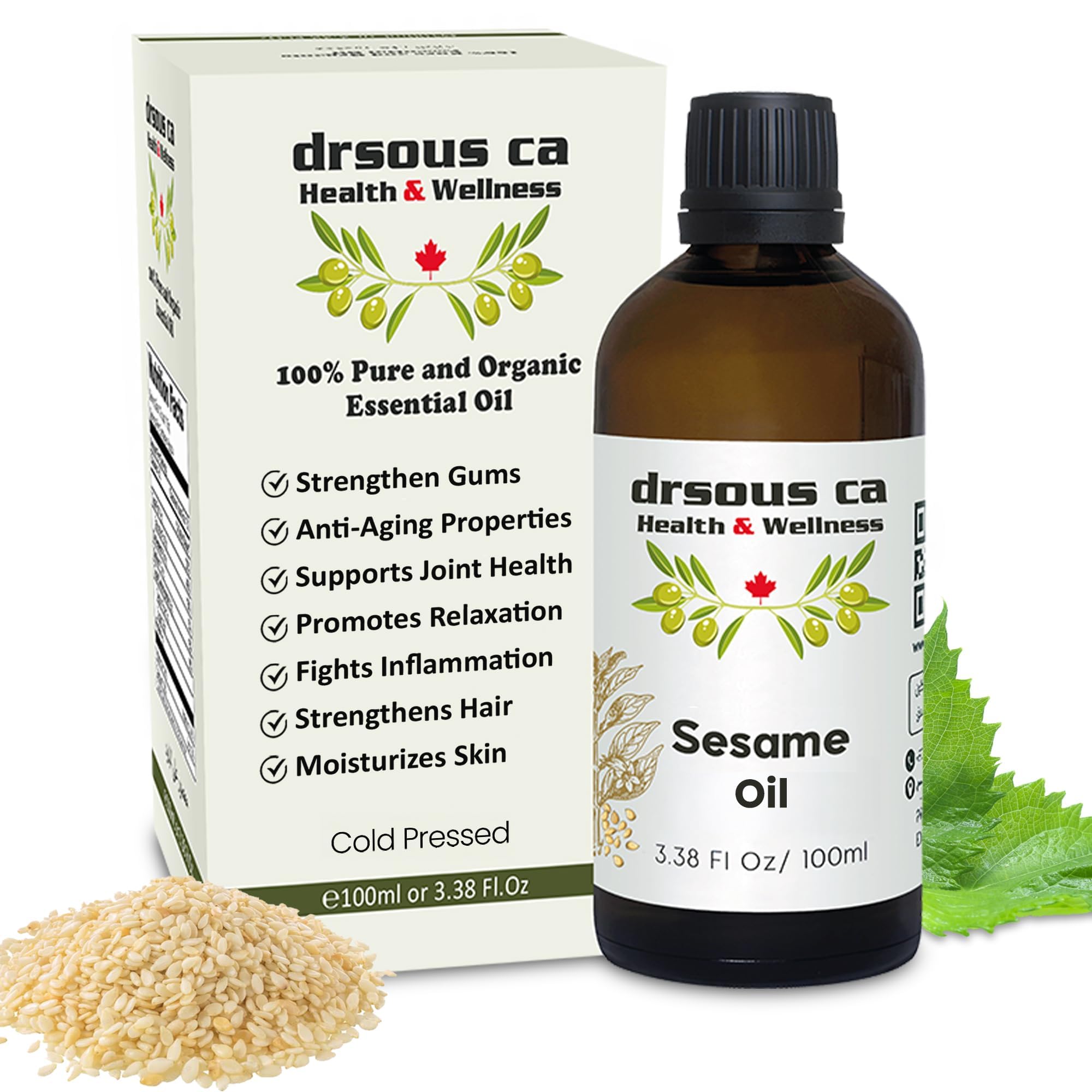Drsous Ca Organic Sesame Seed Oil 100ml | 100% Cold Pressed Virgin Sesame Undiluted Therapeutic Grade Massage Oil | Soothes Skin and Good for Hair Growth | Made in Palestine