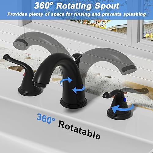 Miniatura 4 de Grifo de lavabo de baño generalizado de 3 agujeros, grifo para fregadero de baño, 2 manijas negro mate grifo de baño con drenaje emergente y líneas