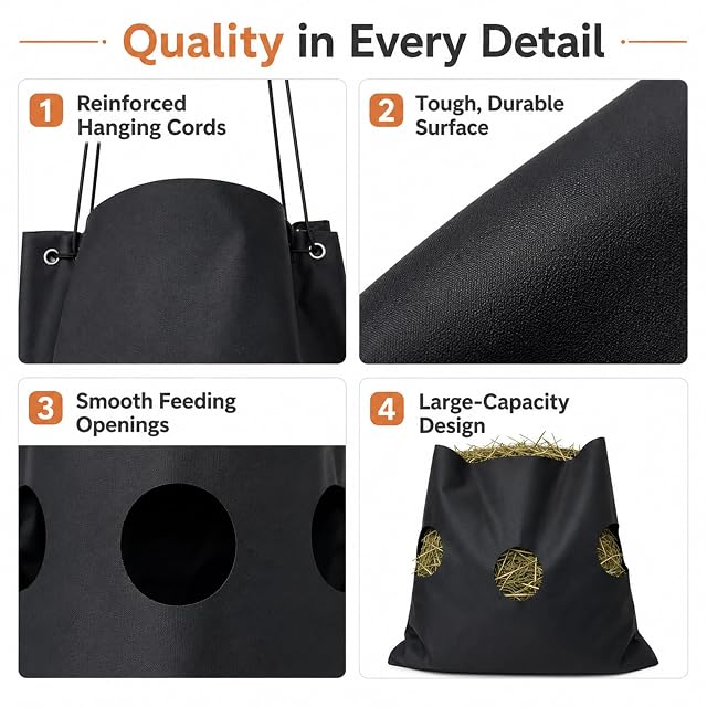 Foto 5 de 7 de Bolsa de heno para caballos, tela Oxford 600D, 88 l, red de heno para caballos, grande para colgar