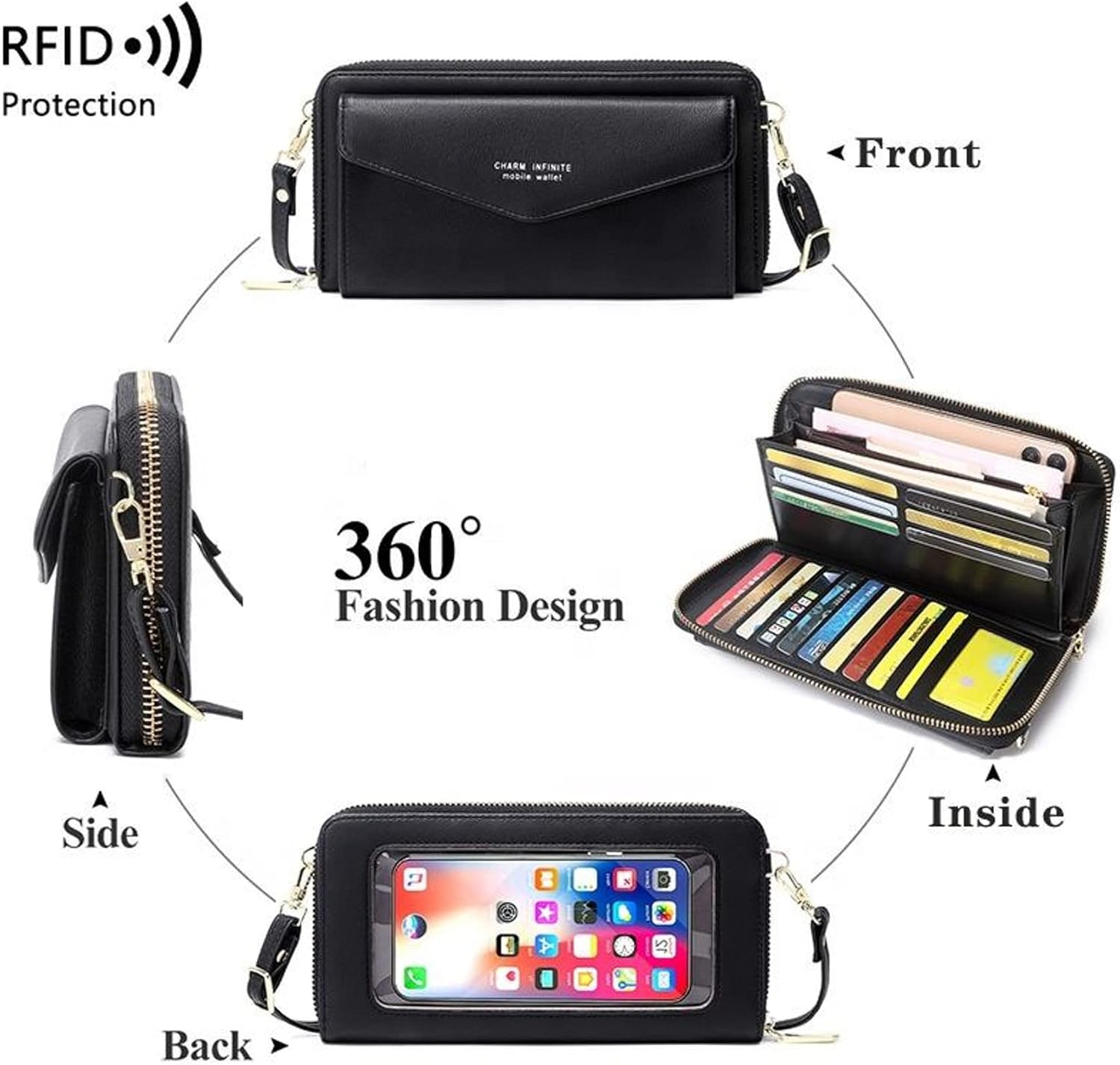Faux Leather Crossbody Phone Bag for Women, RFID Blocking Touch Screen Wallet Shoulder Handbag with Clear Phone Window - Image 4