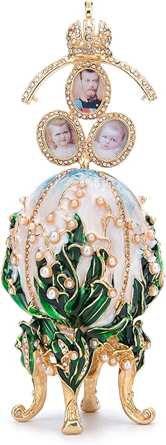 QIFU Vintage Lily of The Valley Faberge Egg Style Enameled Collectible Figurine with Pearl and Rhinestone, Unique Gift for Home Decor