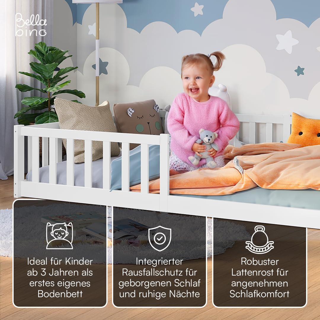 Bellabino Vere Bodenbett 140x200 cm – Montessori Kinderbett mit Rausfallschutz & Lattenrost – Massives Kiefernholz Bett Weiß