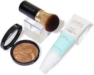 LAURA GELLER NEW YORK Laura's Must-Haves Kit 3pc: Baked Balance-n-Brighten Powder Foundation, Sand + Spackle Skin Perfecting Makeup Primer, Hydrate + Airbrush Round Kabuki Brush