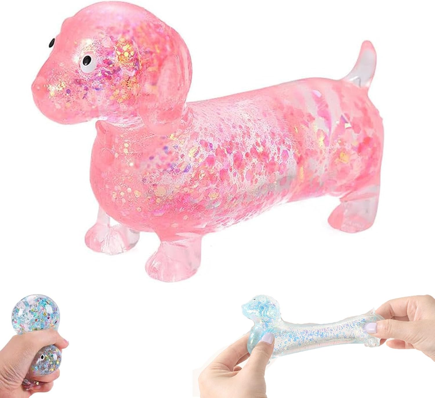 Weiners Dog Squishy, Dachshund Squishy, 4.3in Sparkly Cute Mini Rainbow Sausage Dogs with Face for Adults (Pink)