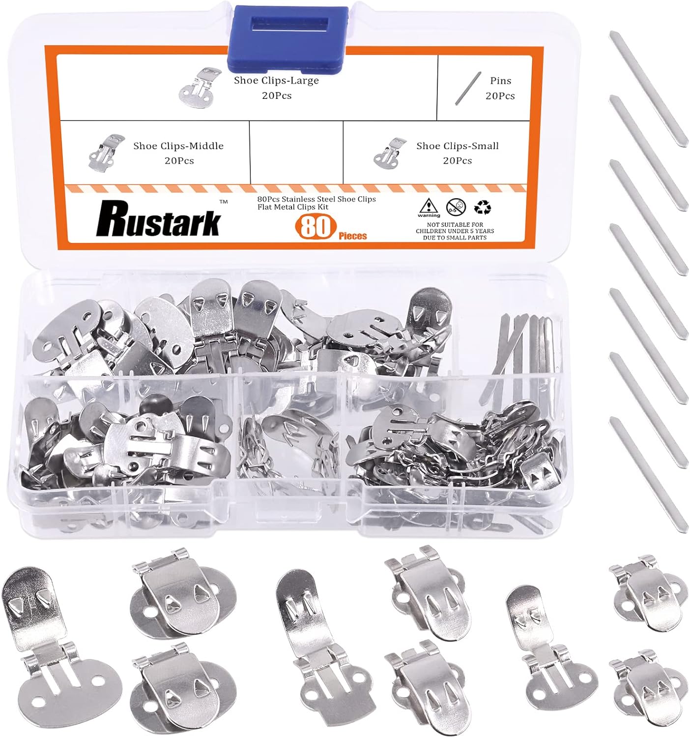 Rustark 80Pcs 3 Sizes Stainless Steel Flat Blank Shoe Clips
