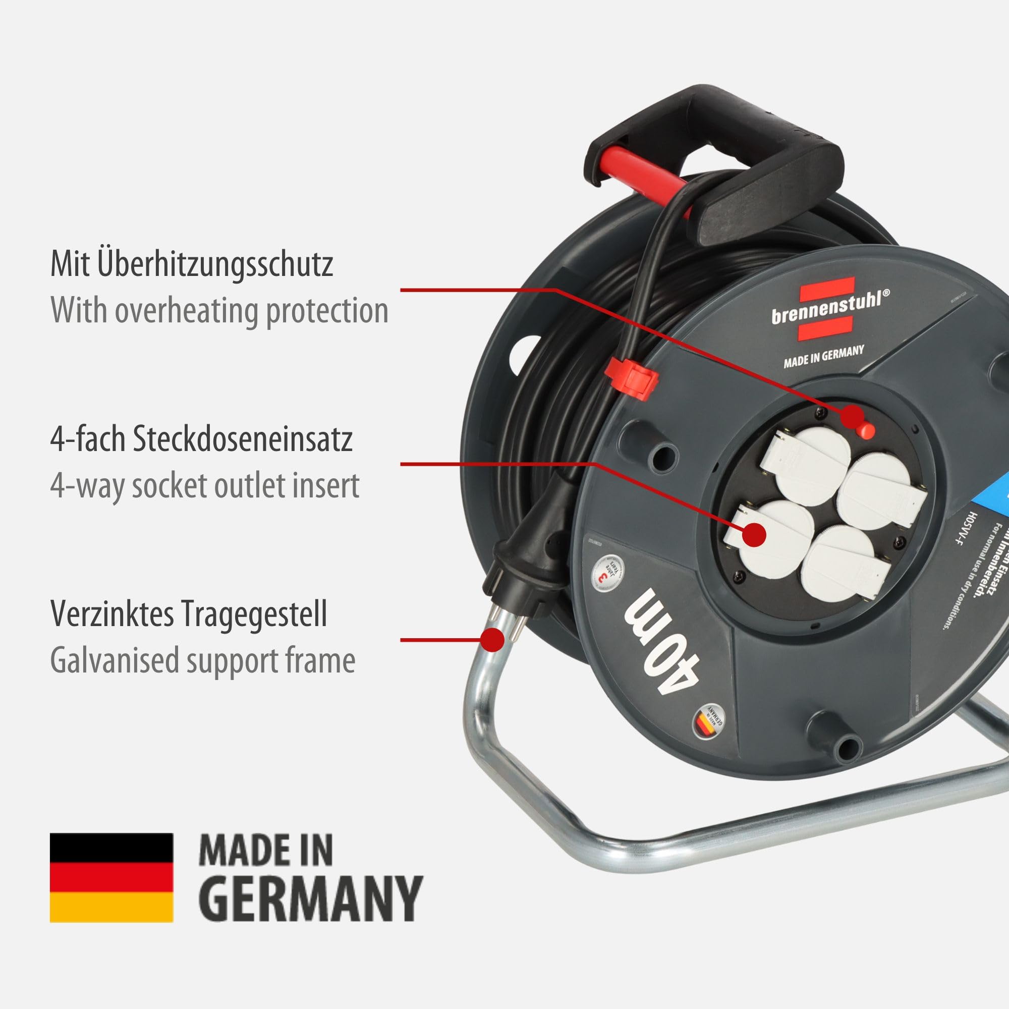 Brennenstuhl Garant V2 bęben kablowy 40 m (Made in Germany, 4 gniazda wtykowe z zestykiem ochronnym z samozamykającymi się pokrywkami, z ergonomicznym uchwytem)