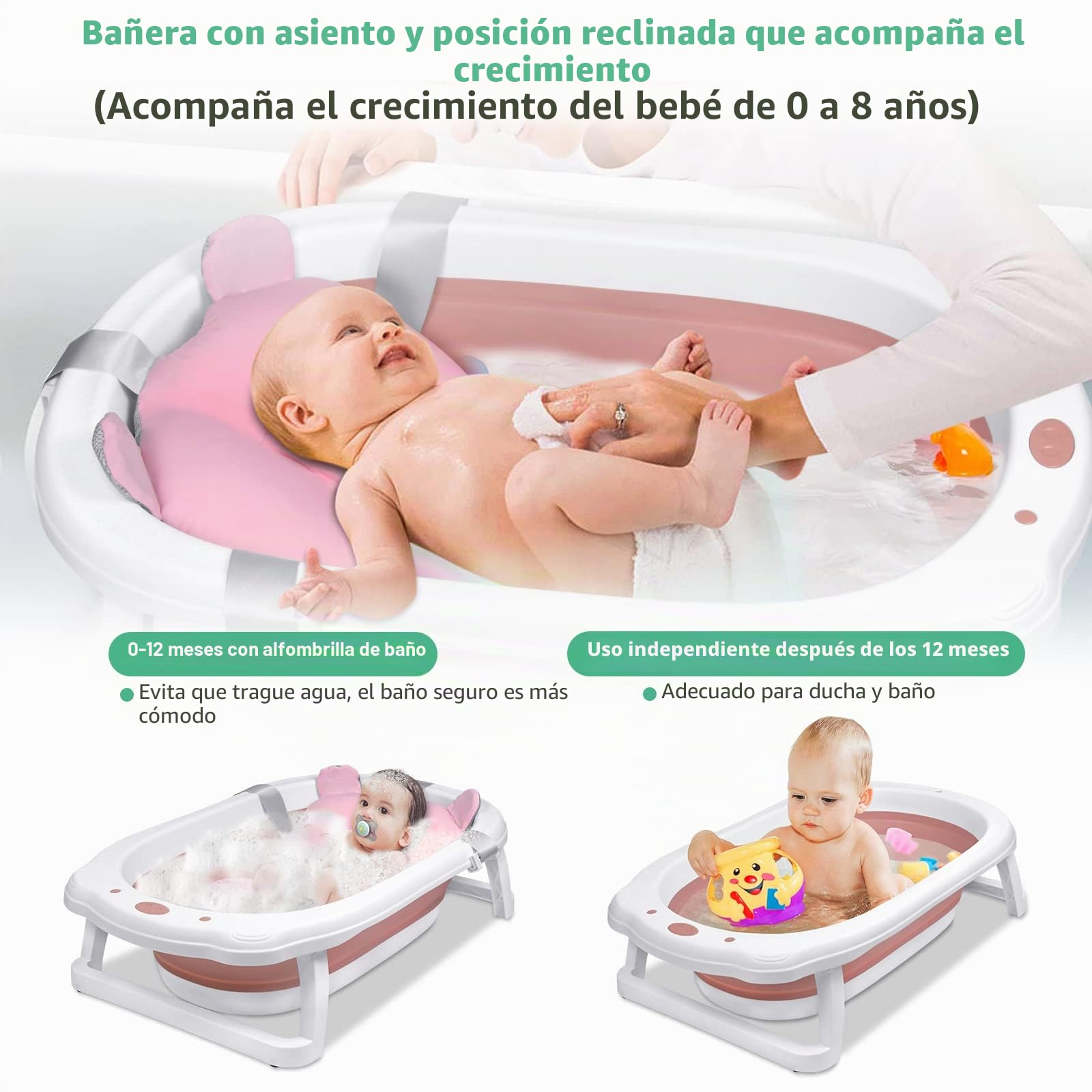 Froadp 82x50x20cm Bañera Plegable para Bebé, Bañeras Antideslizante para Niños con Suporto, Baña Ducha de Seguridad Portátil para Bebés y Recién Nacidos Niños de 0 a 8 Años (Rosa con Cojín)