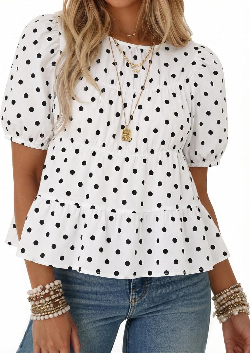 Tankaneo Womens Puff Sleeve Peplum Babydoll Tops Summer Flowy Pleated Cotton T-Shirts Casual Loose Fit Cute Blouse