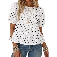 Tankaneo Womens Puff Sleeve Peplum Babydoll Tops Summer Flowy Pleated Cotton T-Shirts Casual Loose Fit Cute Blouse