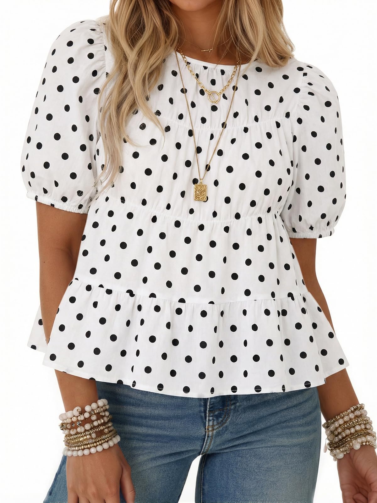 Tankaneo Womens Puff Sleeve Peplum Babydoll Tops Summer T-Shirts Blouse
