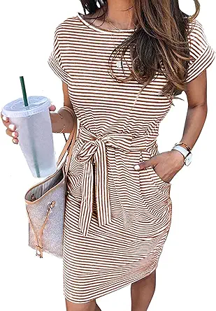 Women's striped short sleeve T shirt dress with tie waist and pockets